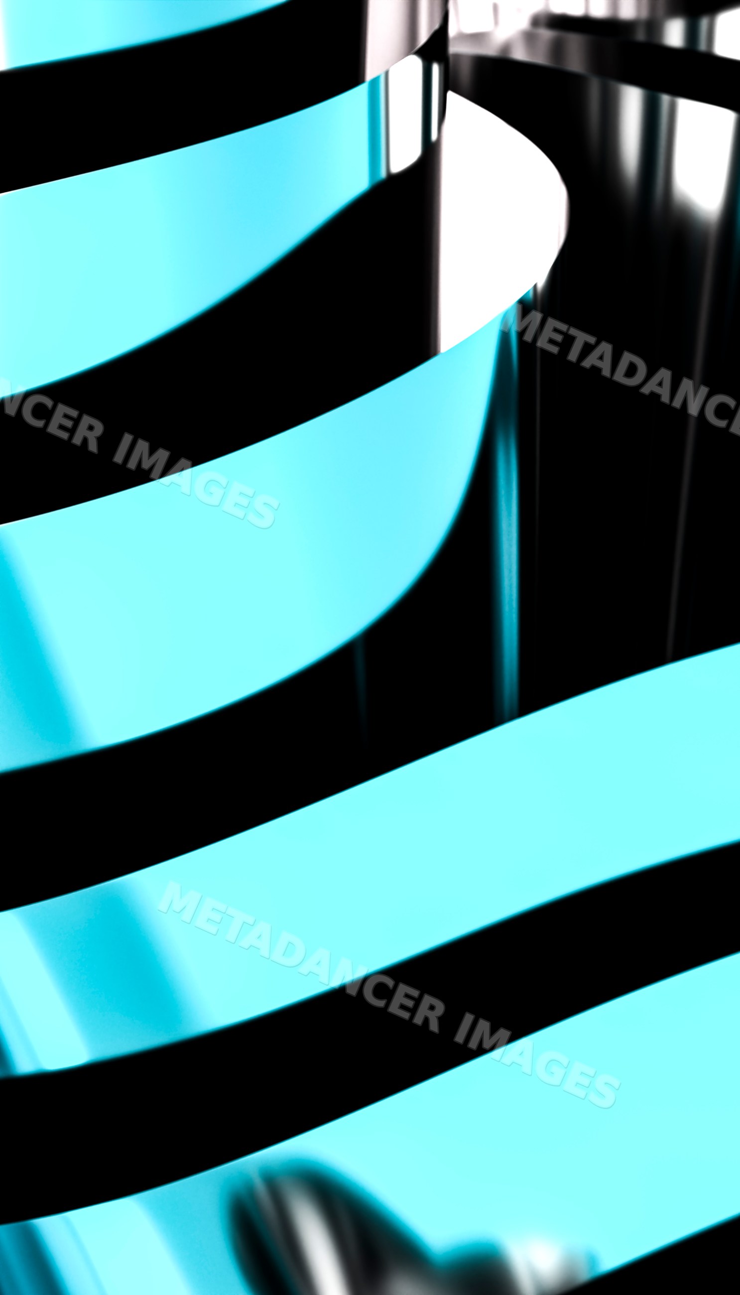 Abstract metal sculpture with curved bands and blue background