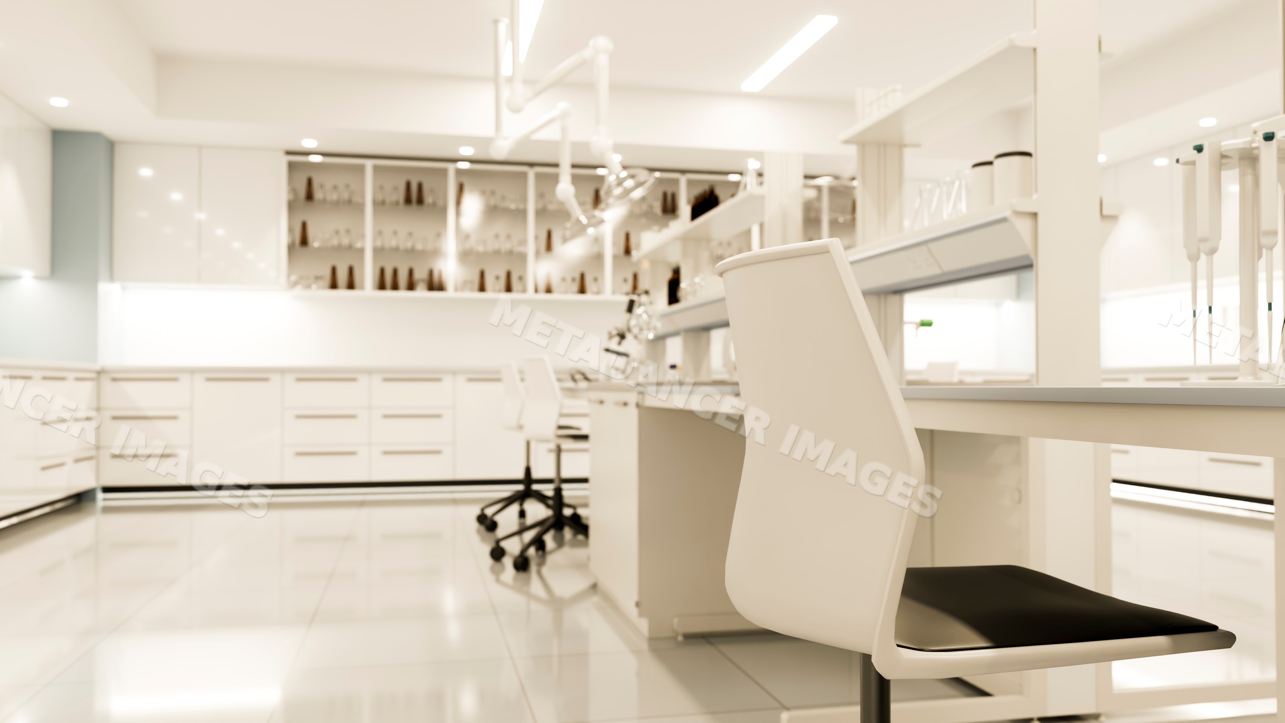 Modern laboratory workspace with white chairs and lab benches