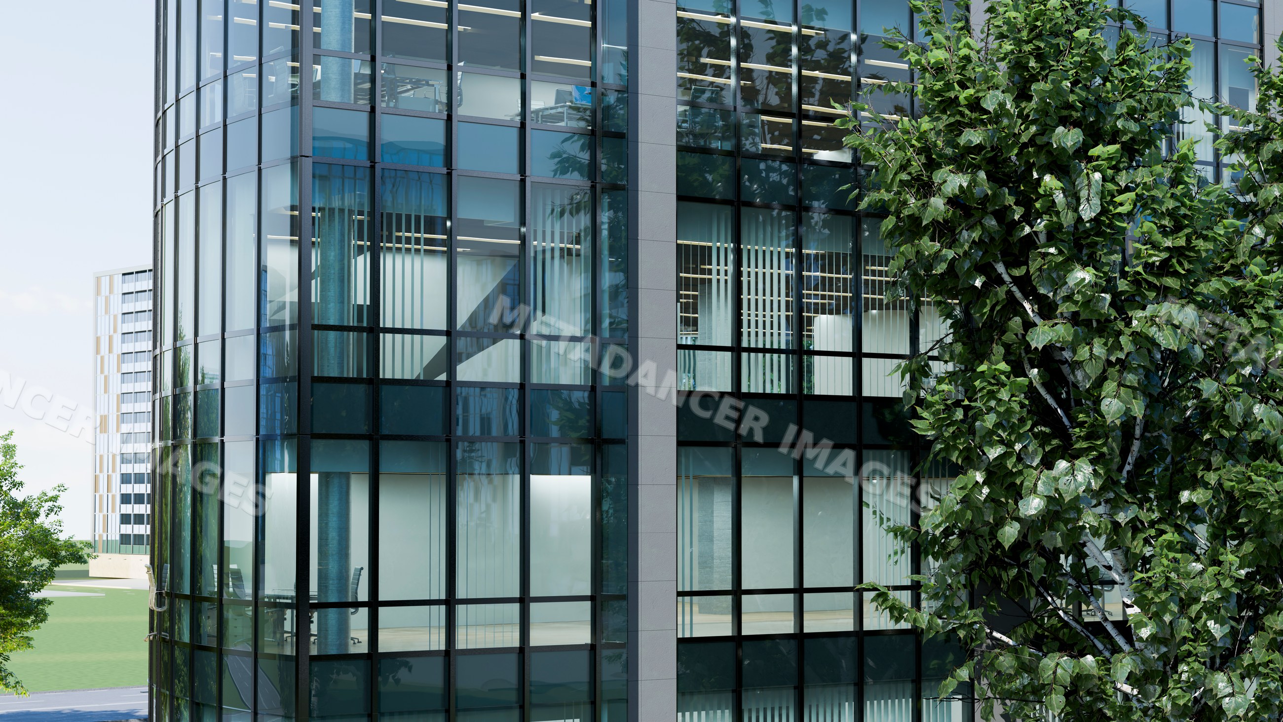 Modern office building with glass windows and tree in urban setting