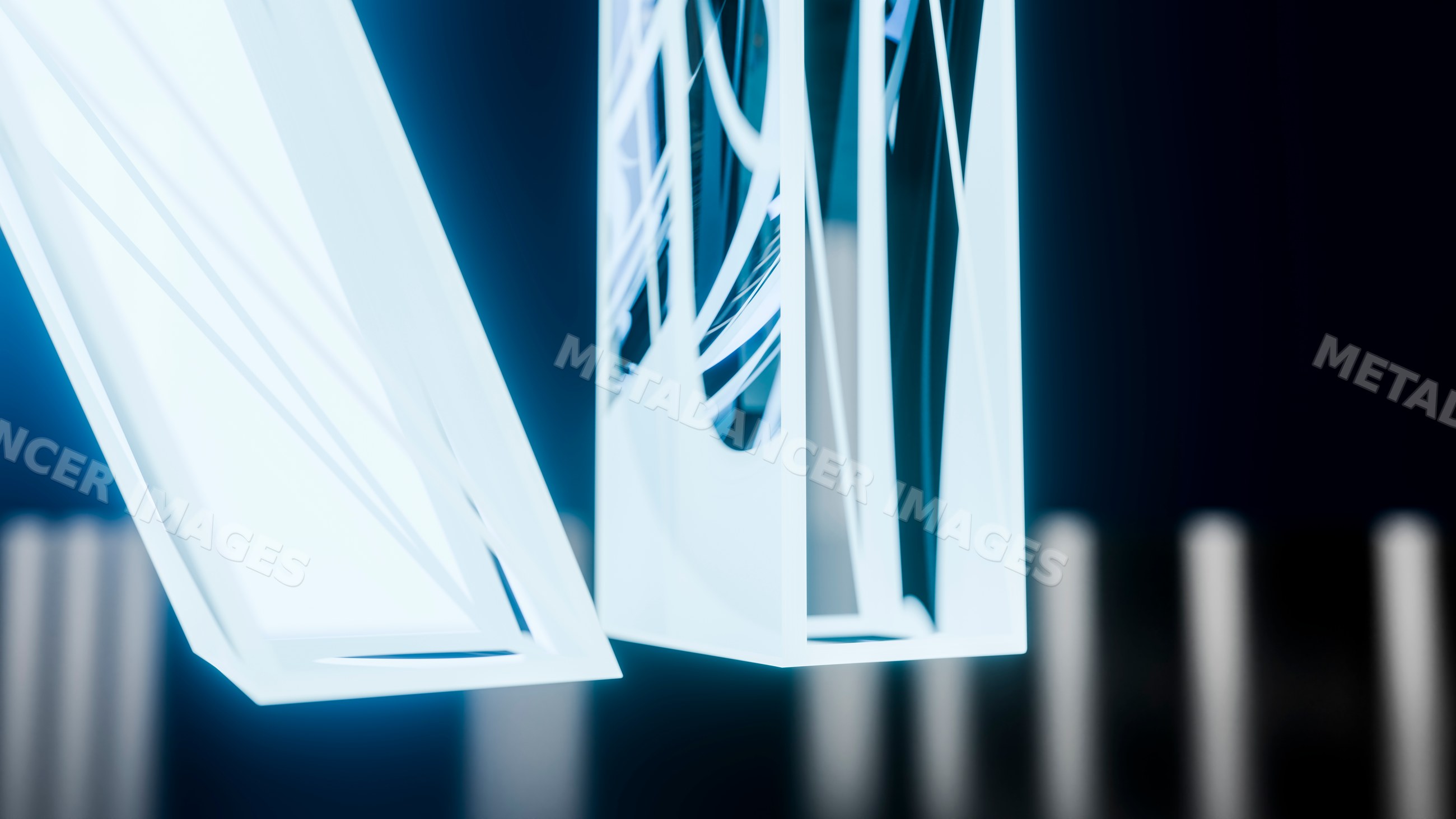 Illuminated white neon light tubes in abstract modern design