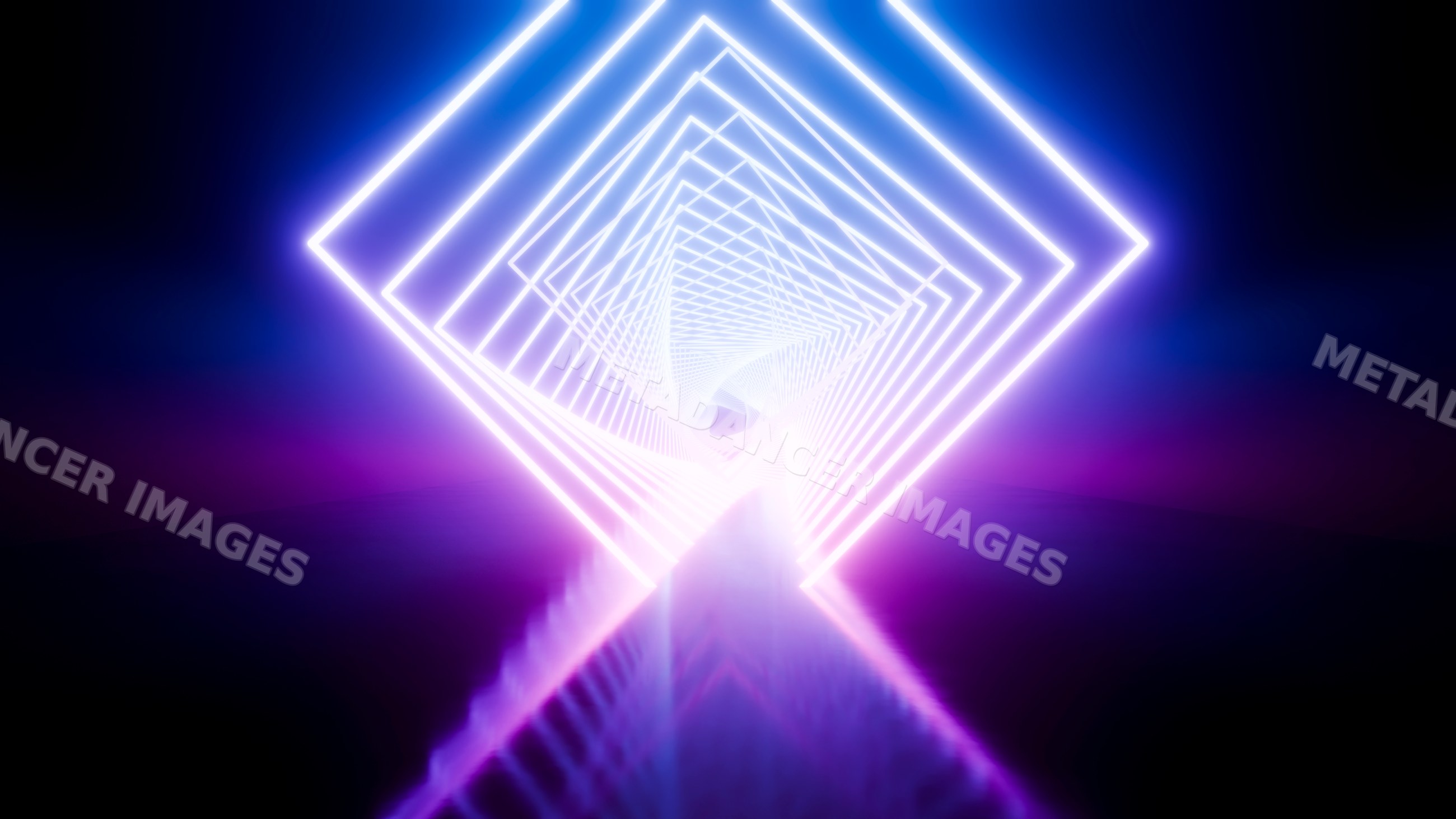 Neon light tunnel with glowing geometric shapes and reflective floor