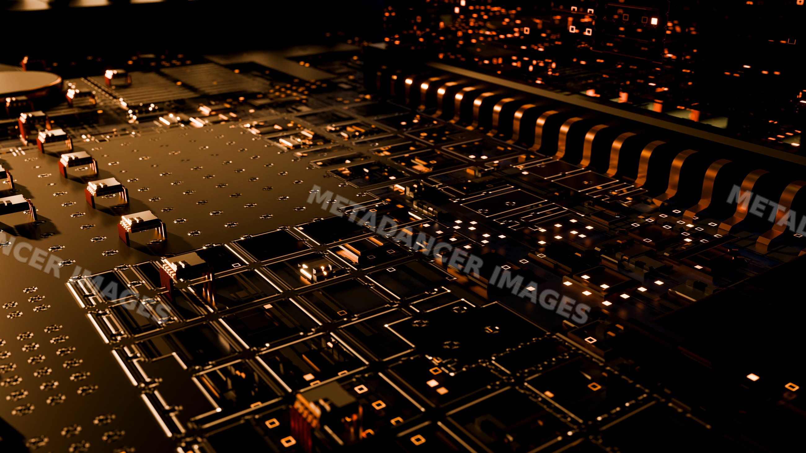 Close-up of printed circuit board with electronic components and gold