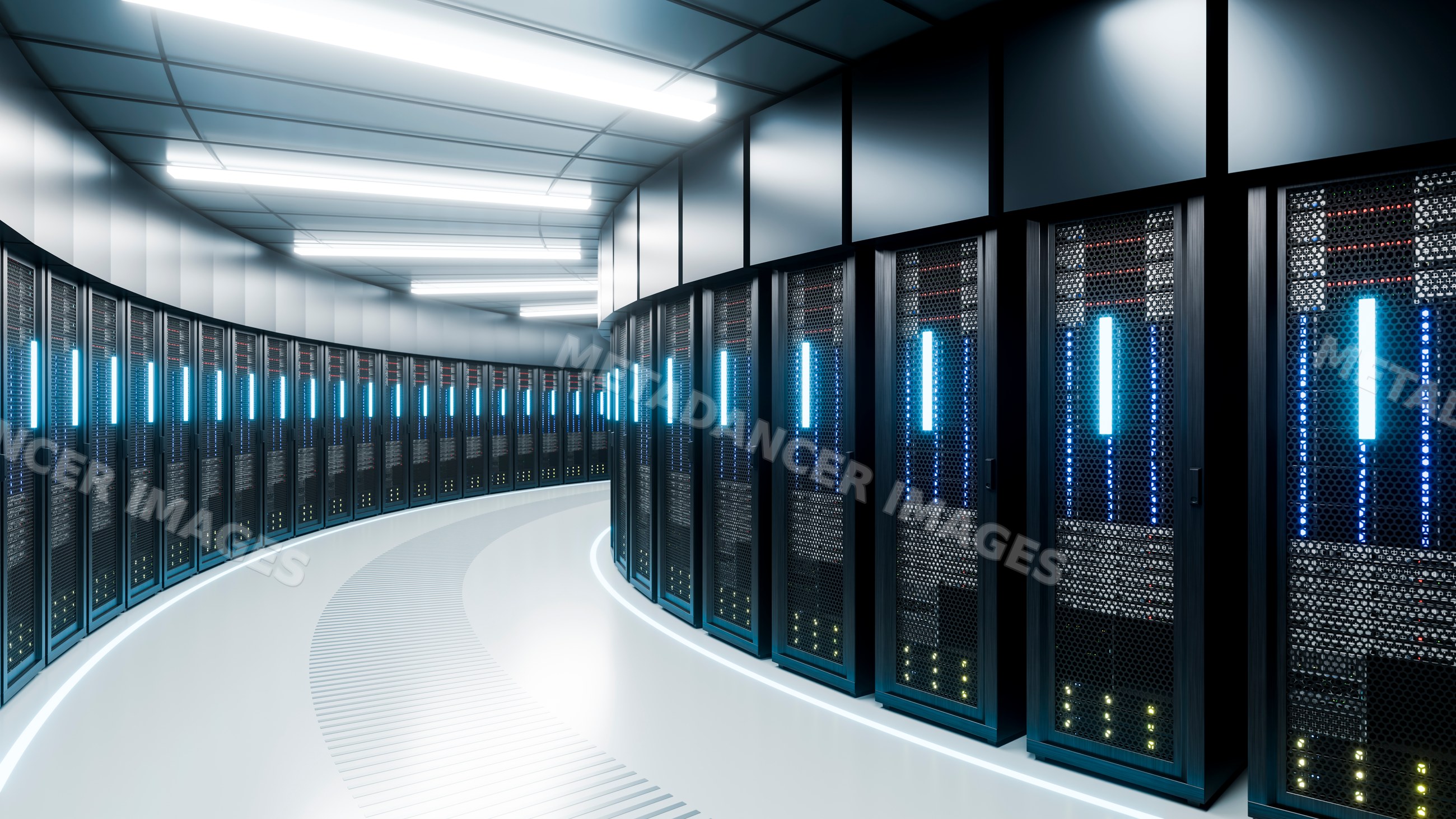 Server racks with glowing lights in modern data center corridor