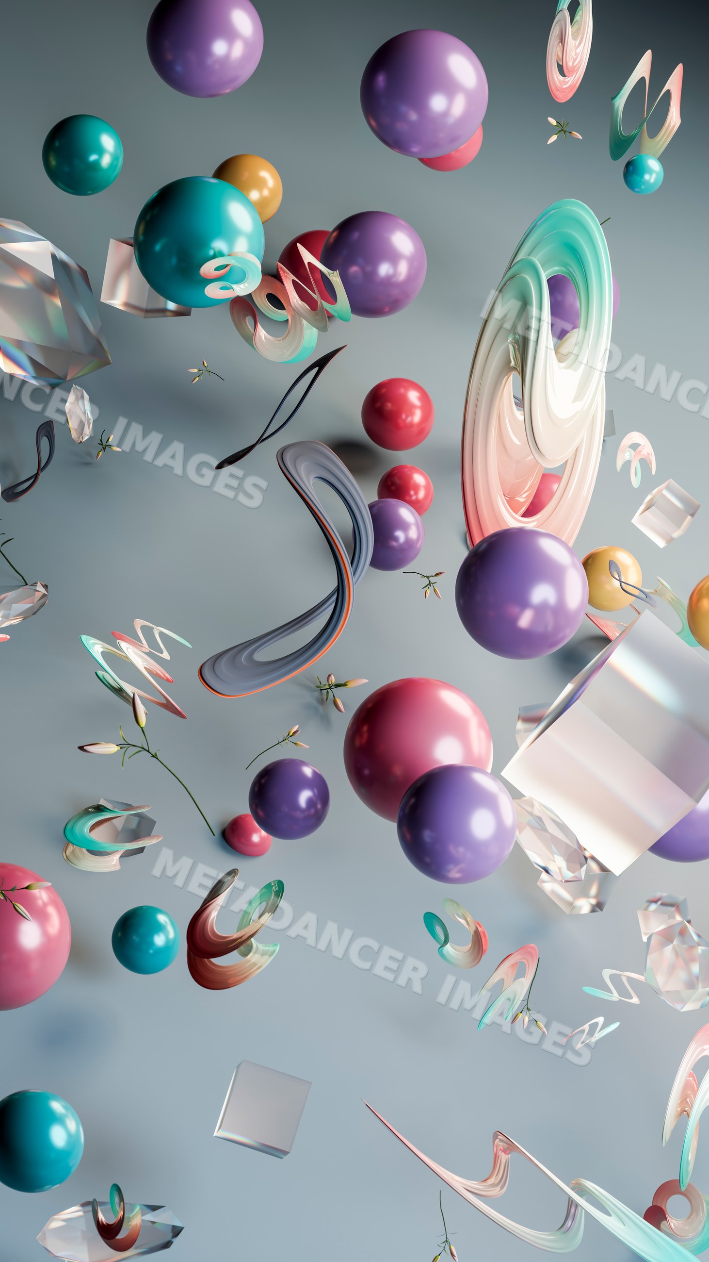 Abstract colorful 3d spheres and crystal cubes floating in digital art