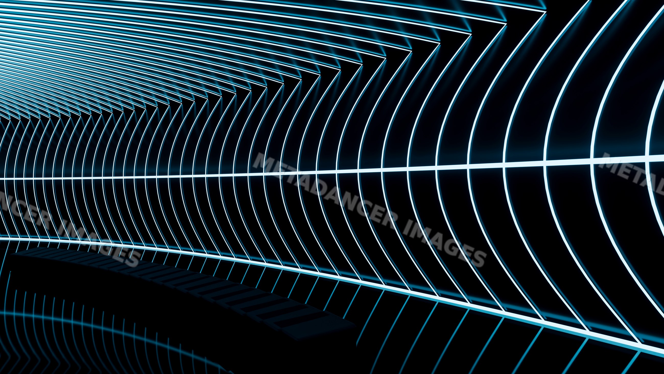 Curved tunnel with blue neon light lines and geometric pattern
