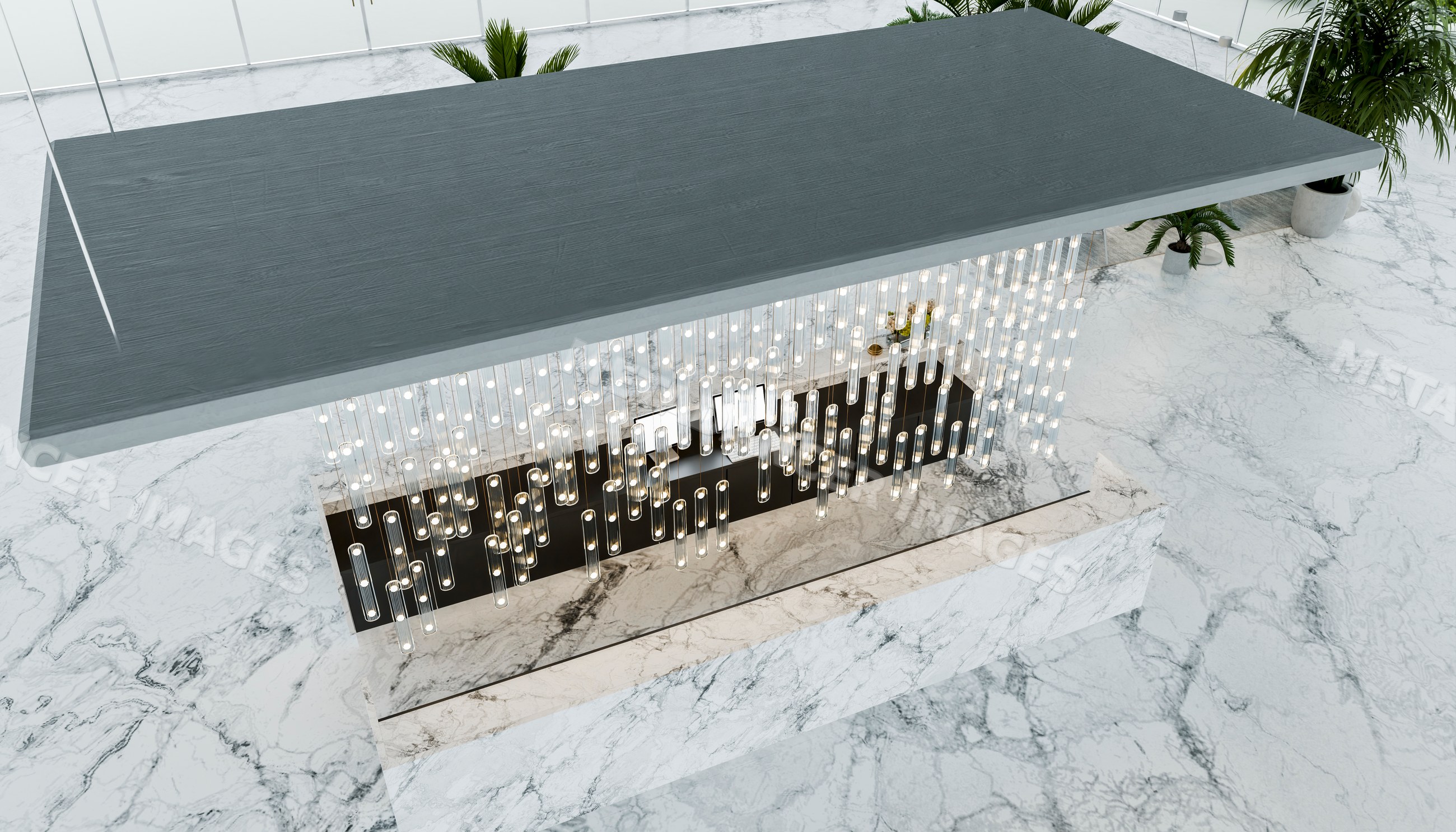 Modern chandelier with glass tube lights in marble interior