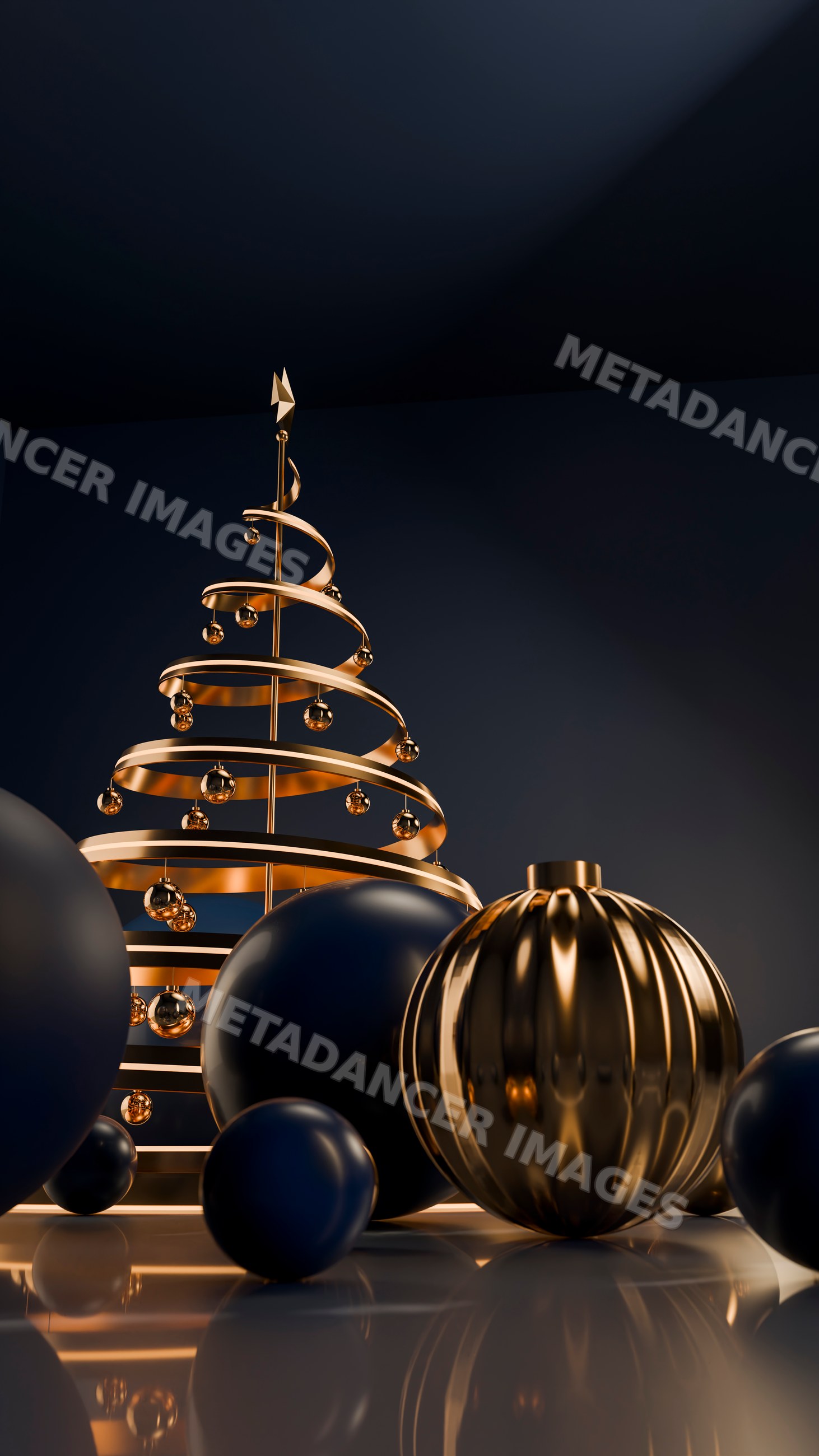 Metallic spiral christmas tree with black baubles on reflective