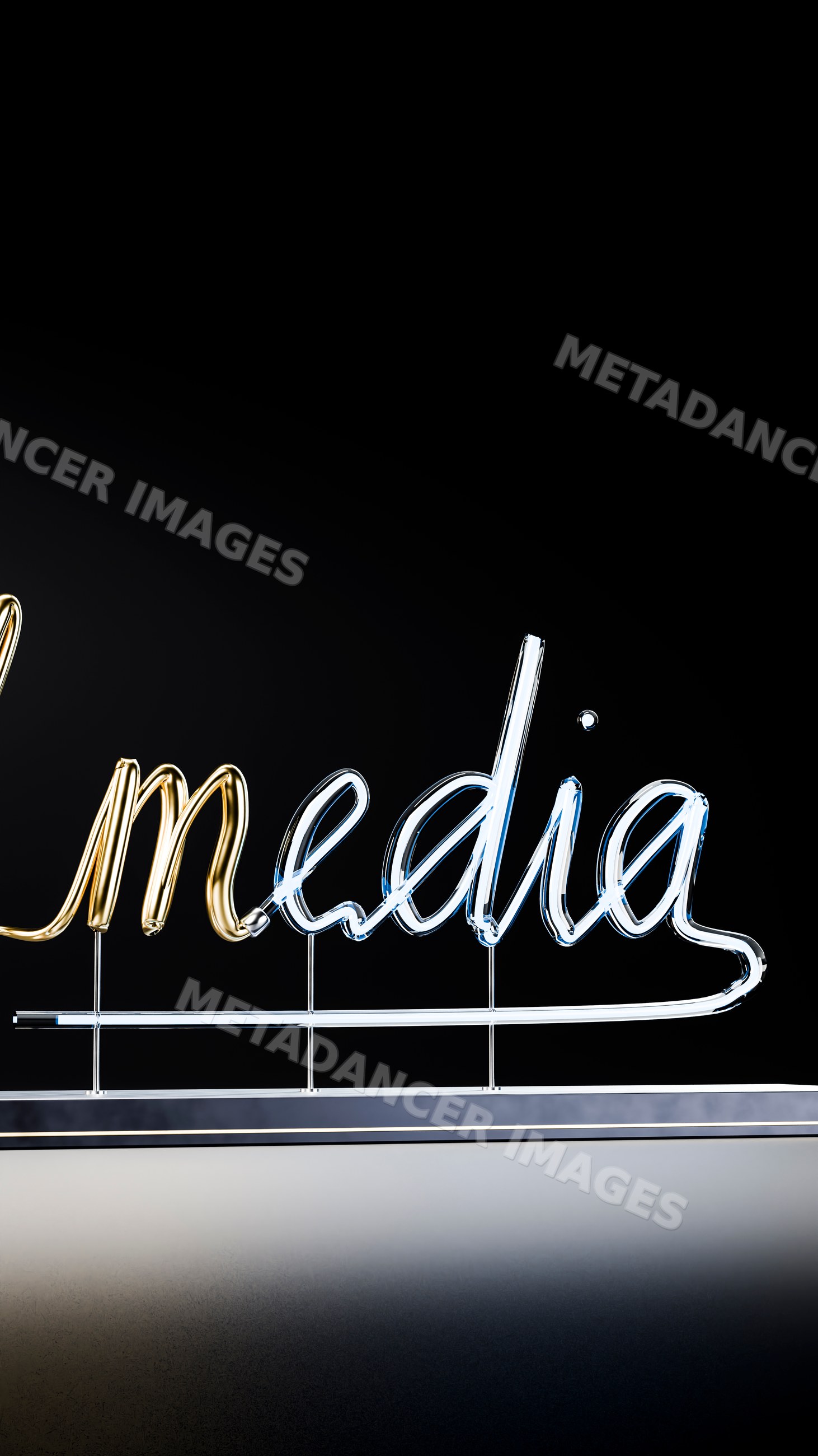 Neon sign displaying the word media glowing brightly