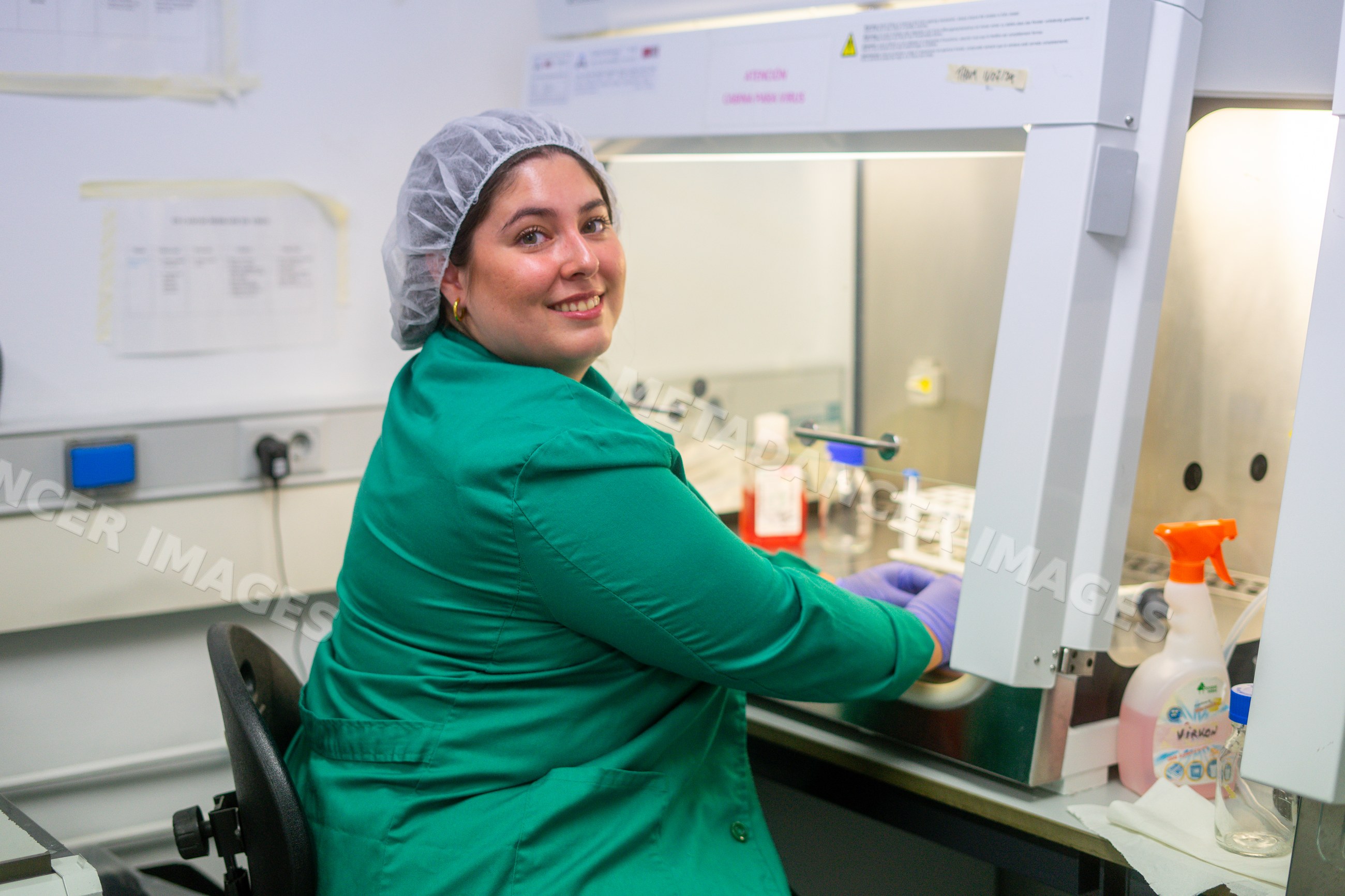 Hispanic woman working in biosafety cabinet in laboratory in Seville
