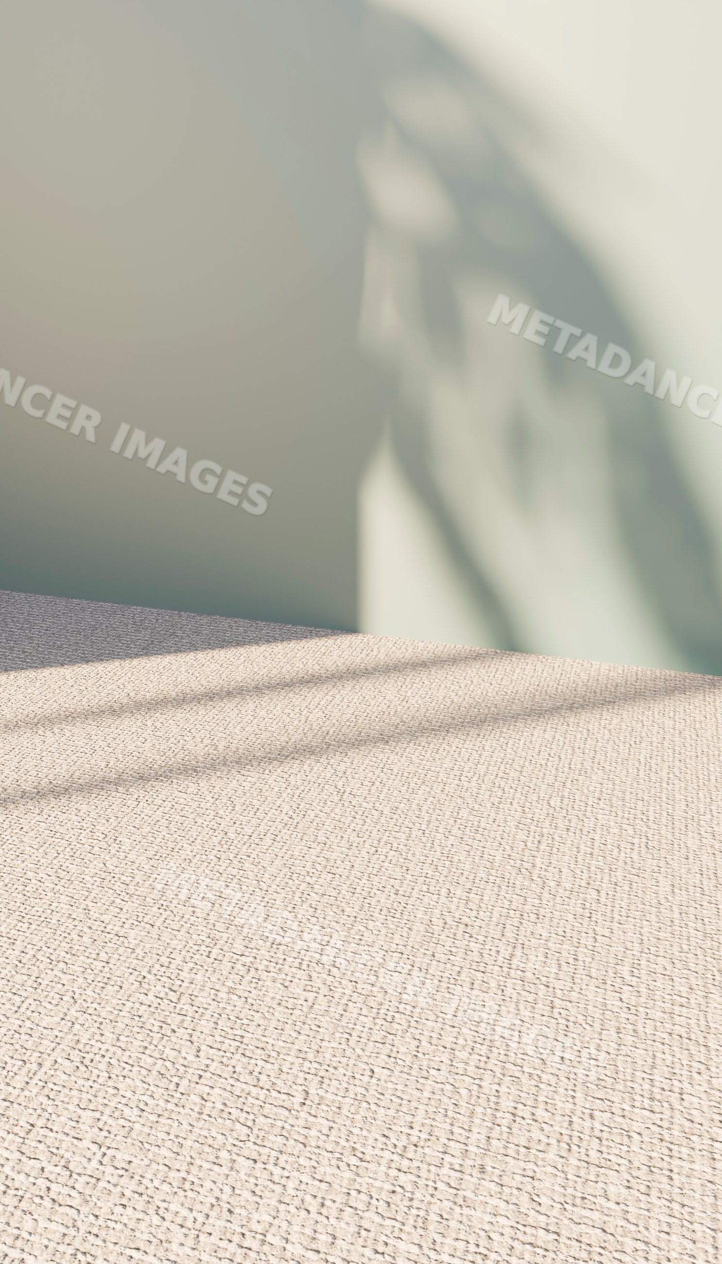 Textured beige carpet lit by sunlight with wall shadows