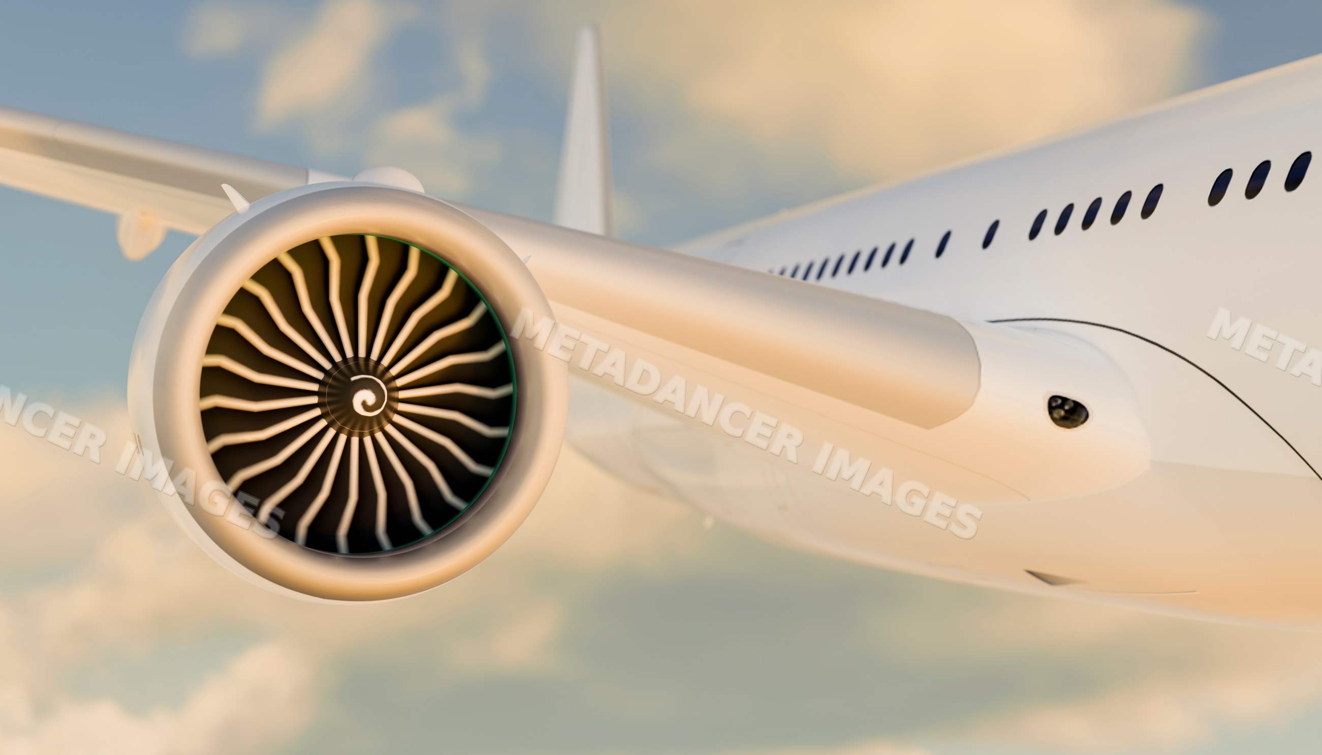 Close up of a jet engine on an airplane wing flying in the sky
