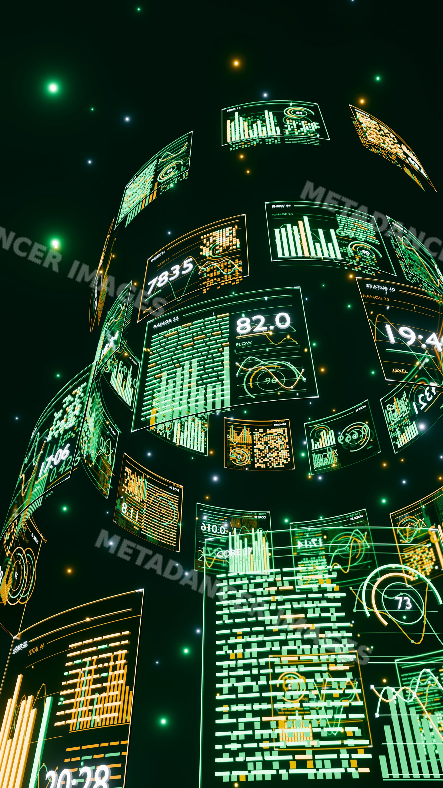 Floating digital data panels showcasing analytics