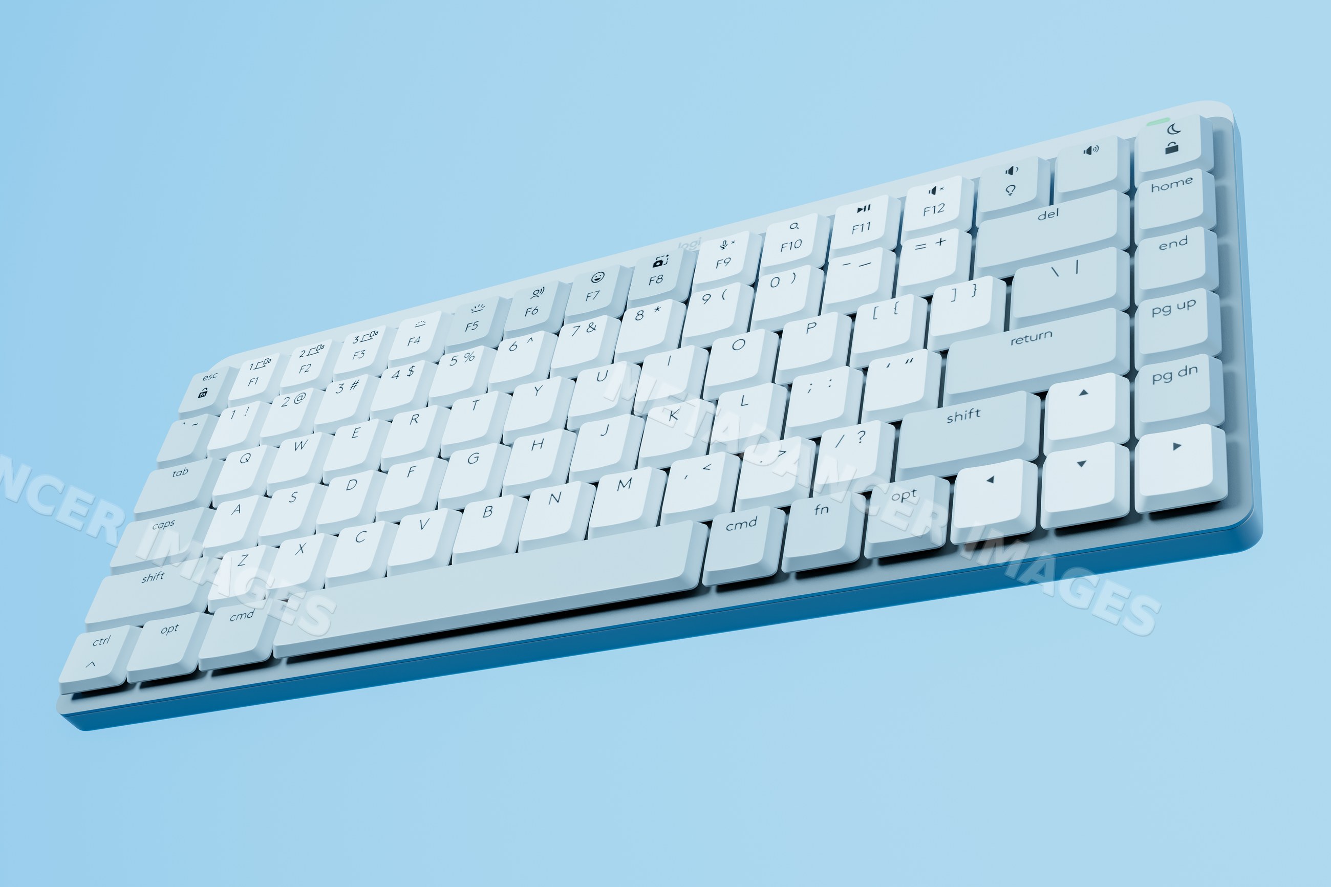 Wireless white keyboard with function keys on blue background