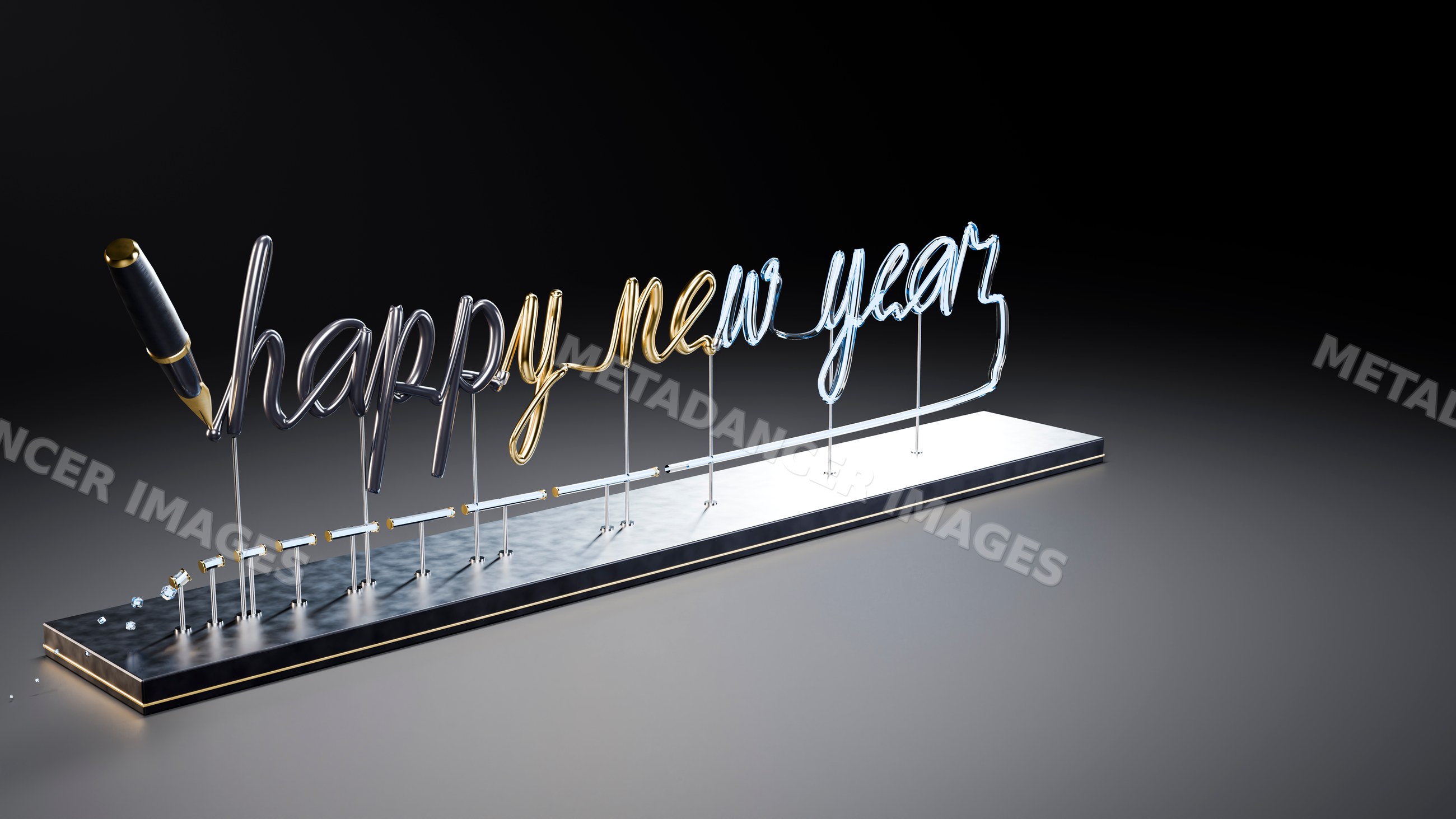 Metal sculpture of 'happy new year' text with pen on black background