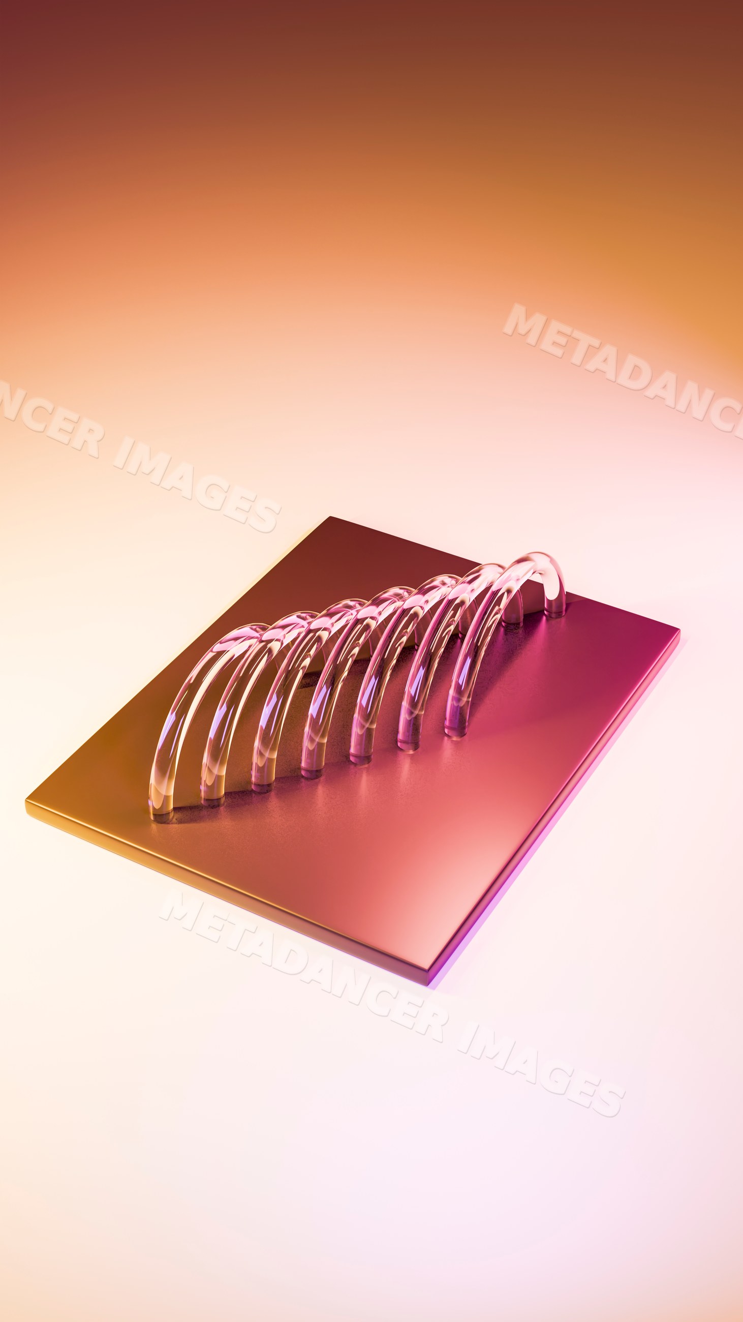 Abstract transparent arch structures on reflective metal base