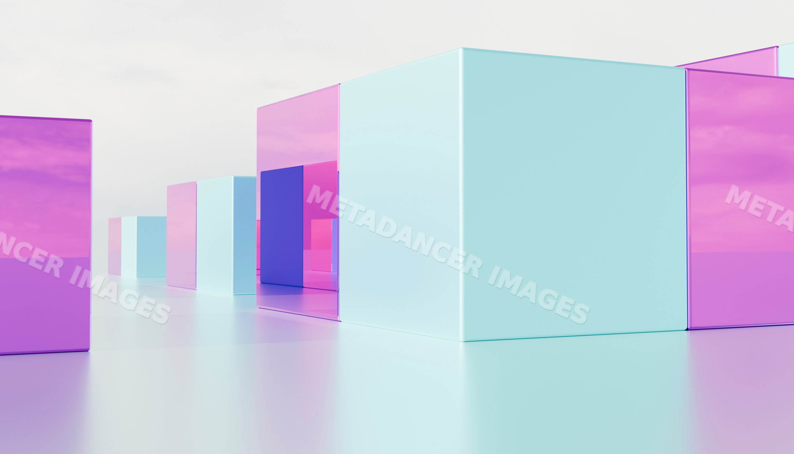 A row of purple and blue reflective 3d cubes on a clean white
