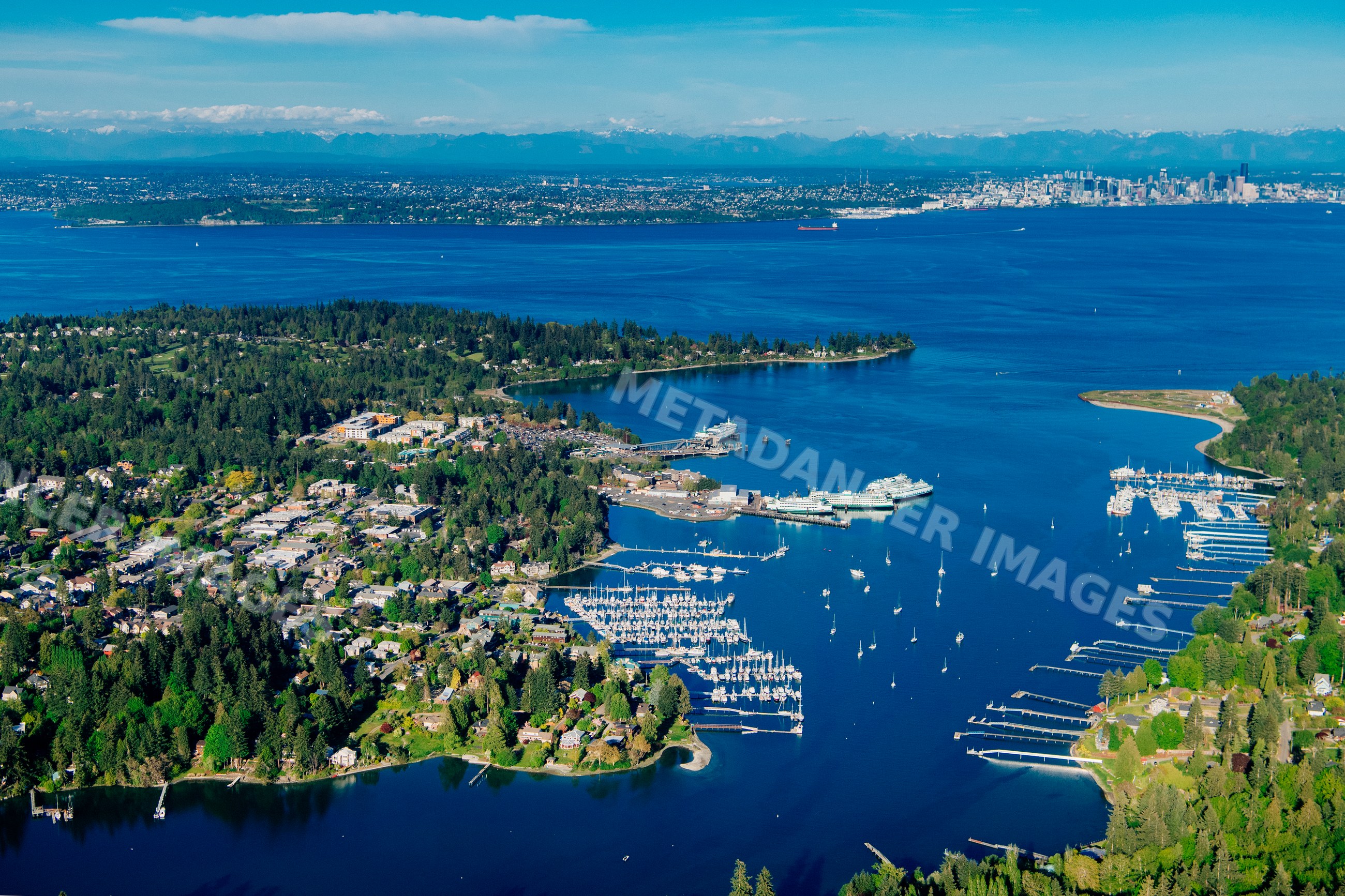 Aerial view of Bainbridge Island Eagle Harbor and city skyline