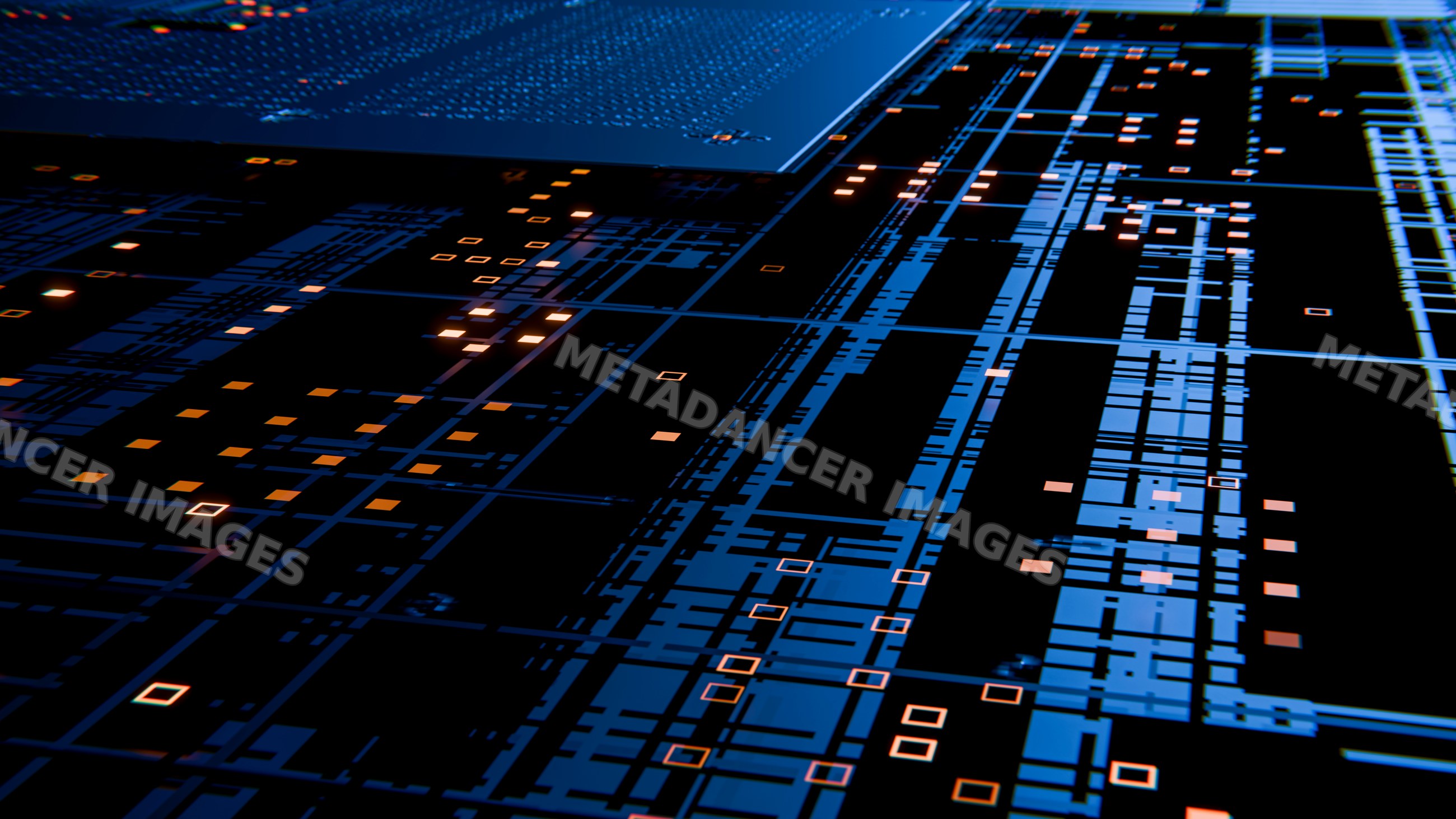 Close-up of blue printed circuit board with illuminated microchips