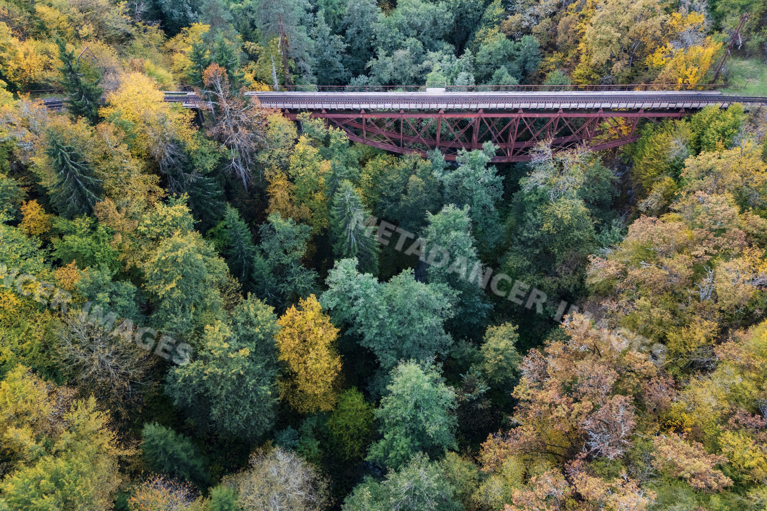 Railway Bridge over autumn forest with colorful trees in tsagveri