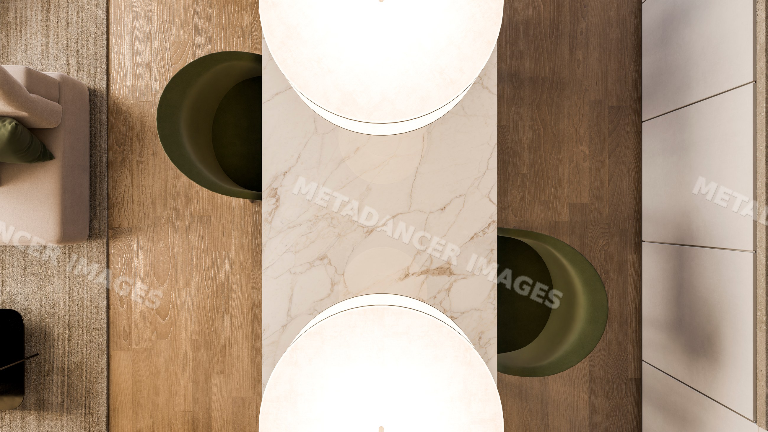 Marble table with pendant lights and green chairs