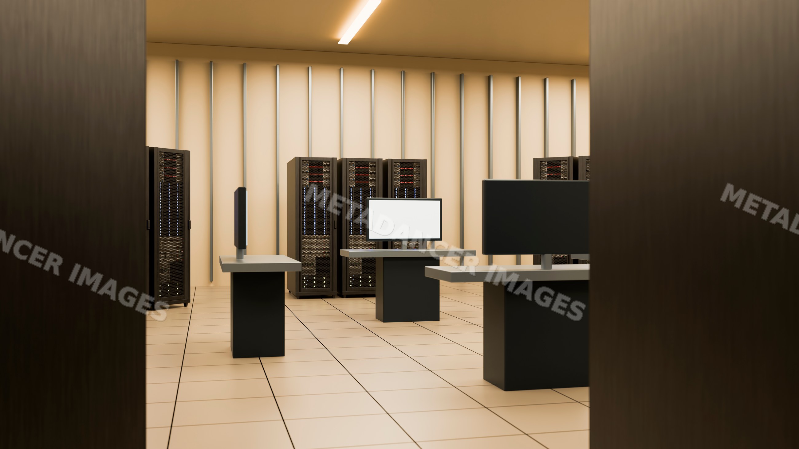 Server racks and monitors in modern data center room
