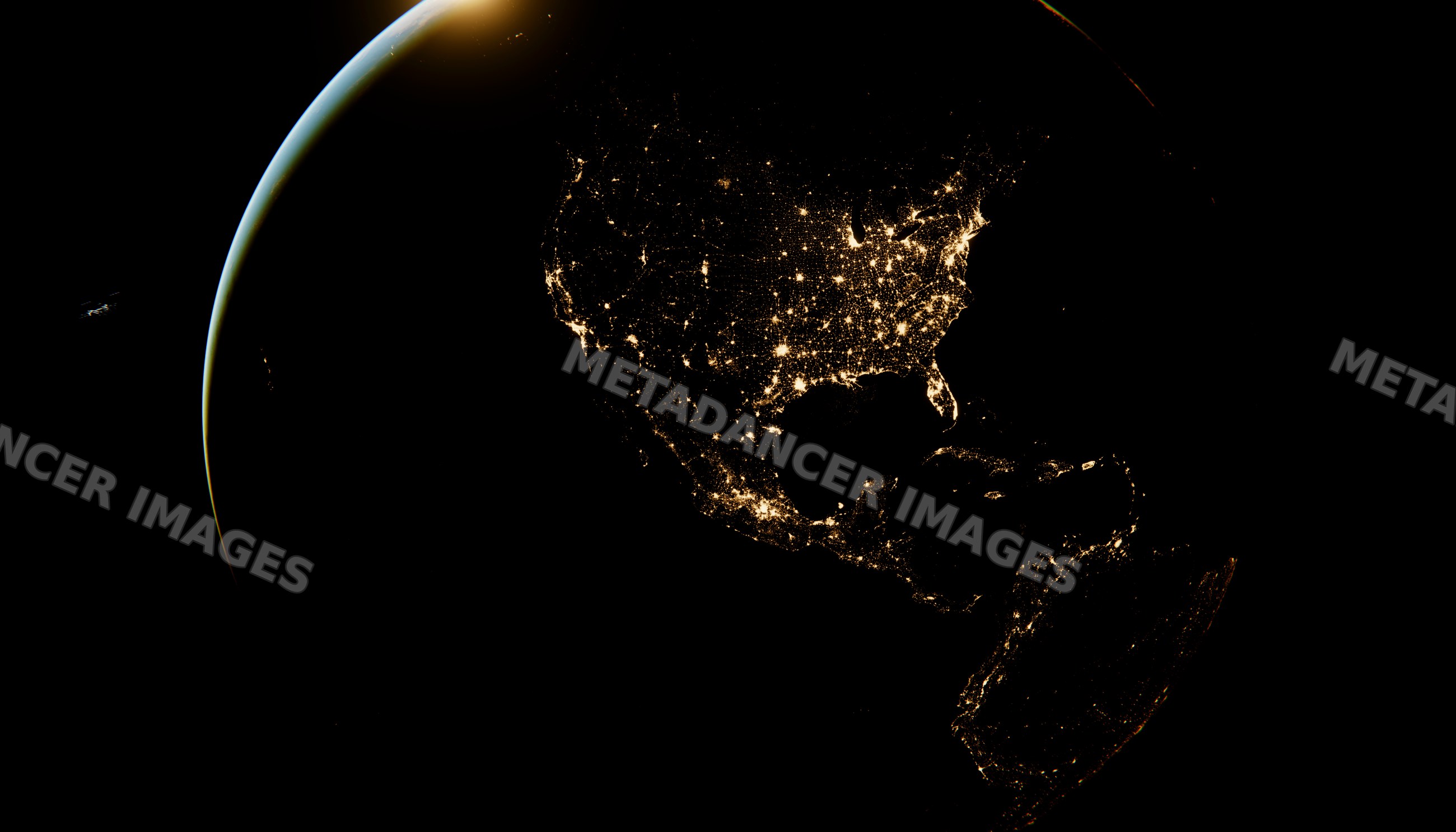 Earth at night illuminated by city lights across north and central