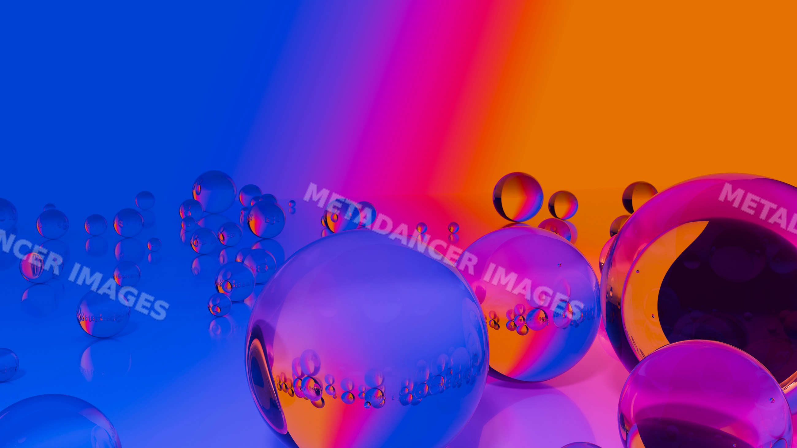 Transparent glass spheres reflecting vibrant blue, purple