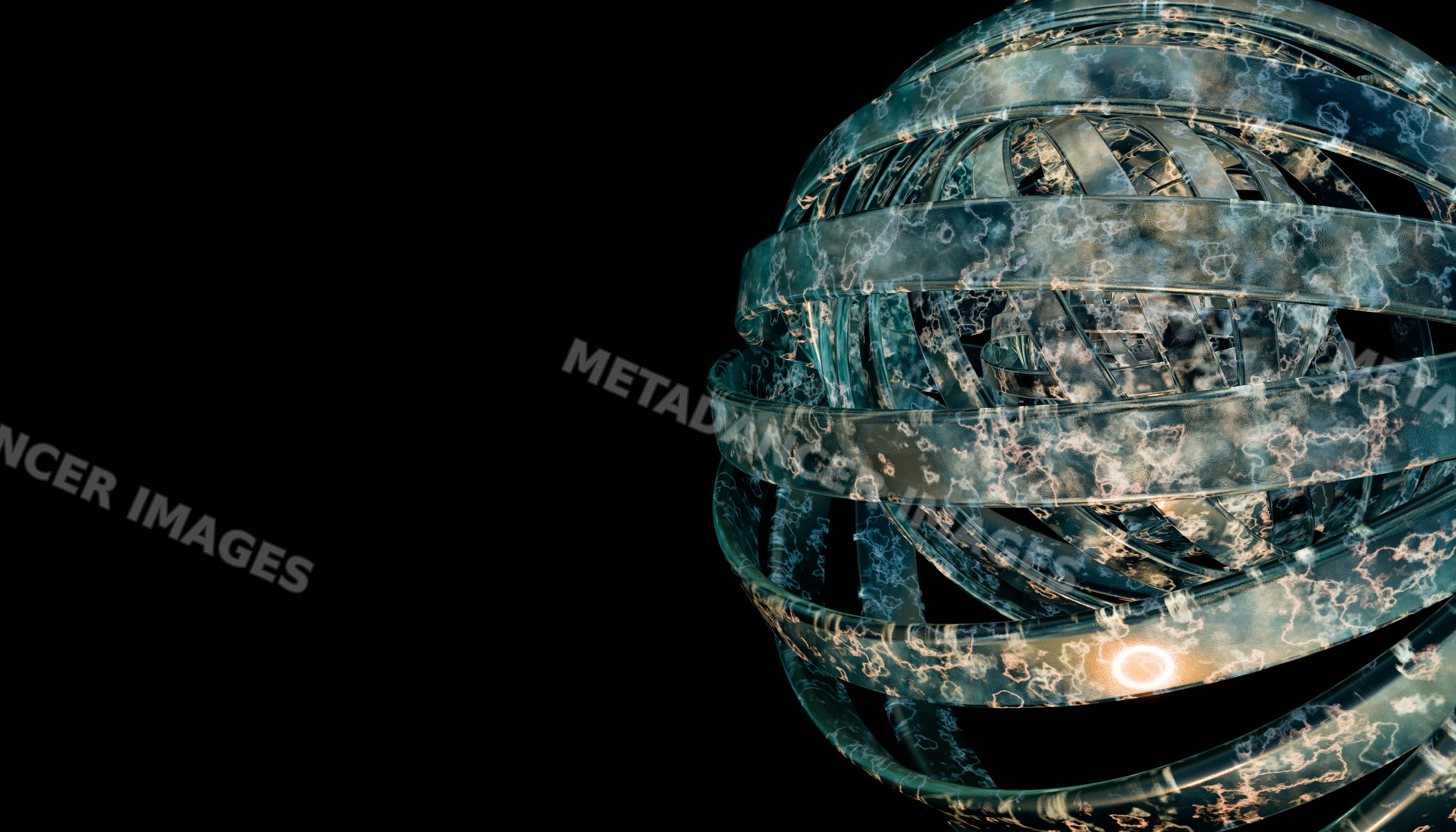 Abstract spherical 3d rendering with glowing spiral rings on dark