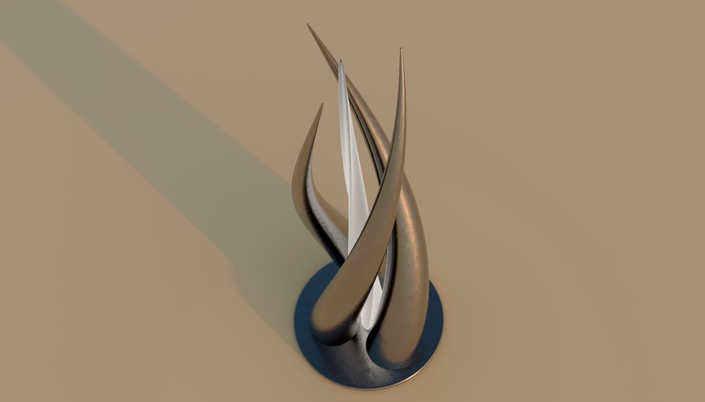 Abstract modern metal sculpture with curved pointed shapes in studio