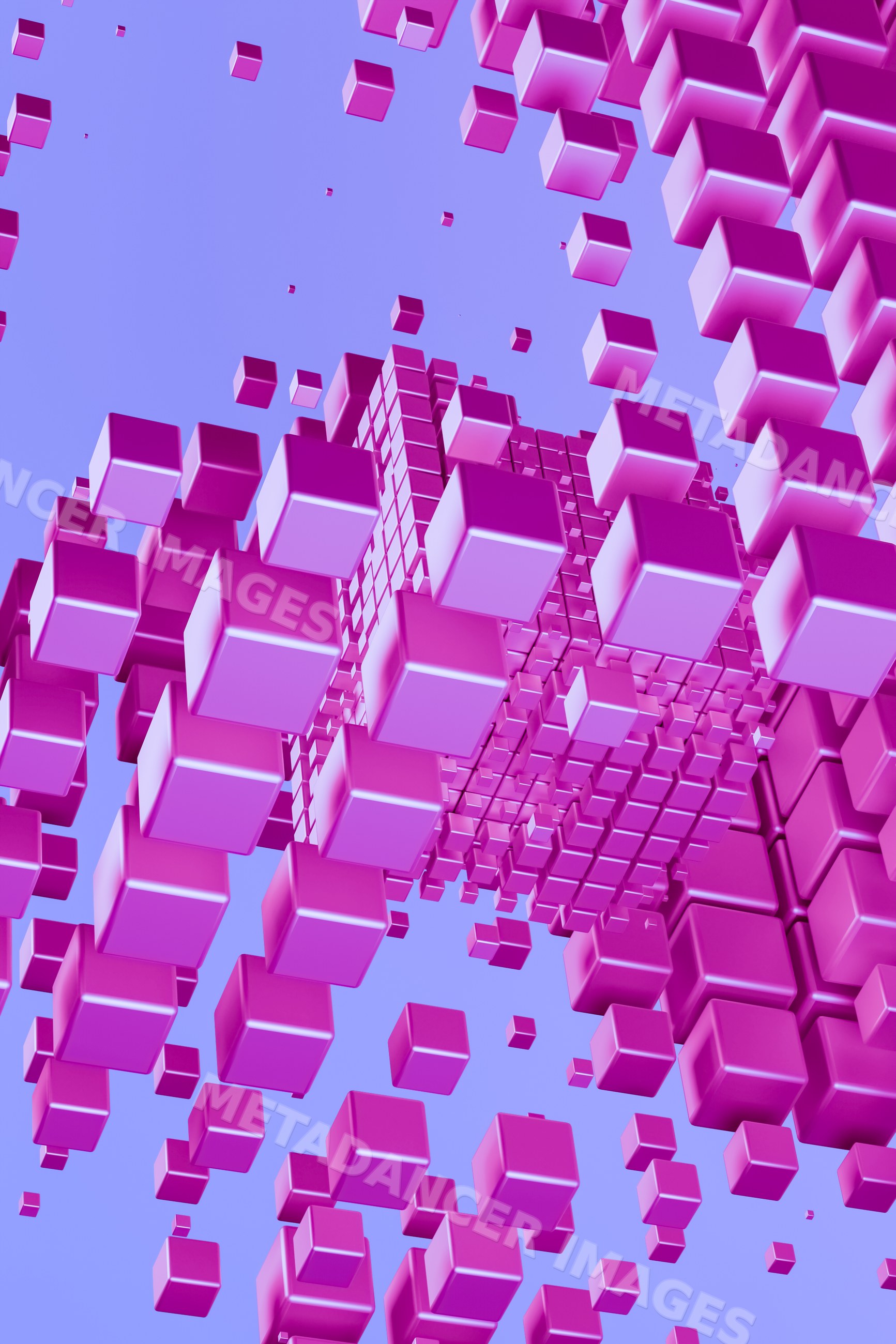 Floating pink 3d cubes forming abstract geometric pattern on purple