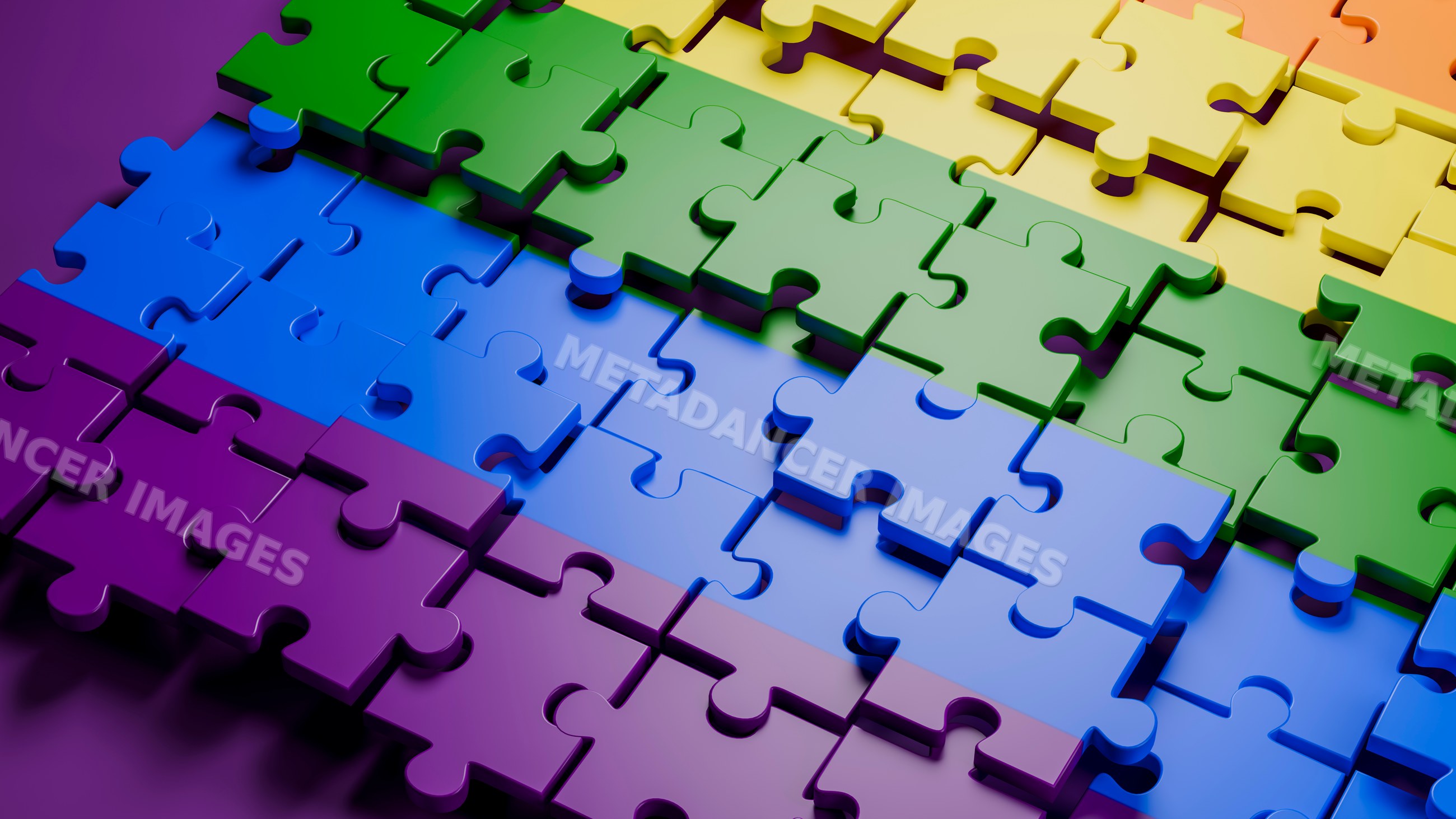 Colorful interlocking jigsaw puzzle pieces arranged in horizontal rows