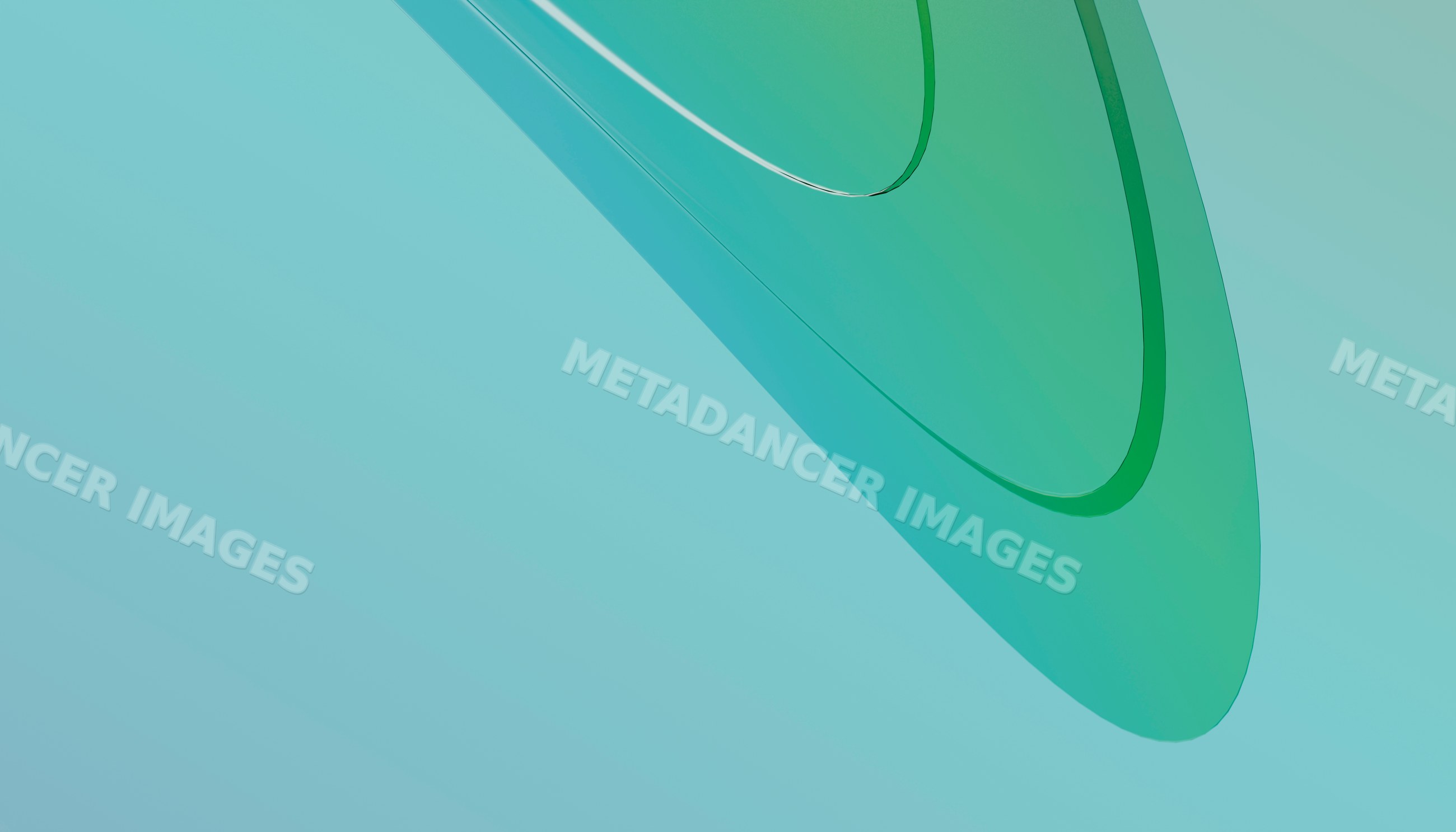 Green curved glass object with smooth reflection on blue background