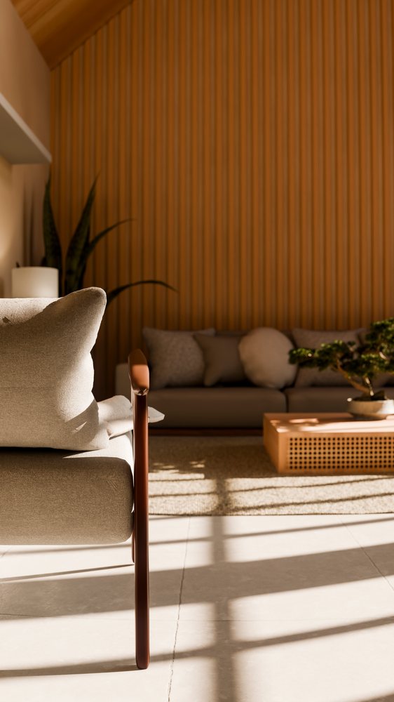 Modern living room with beige sofa and bonsai tree on coffee table