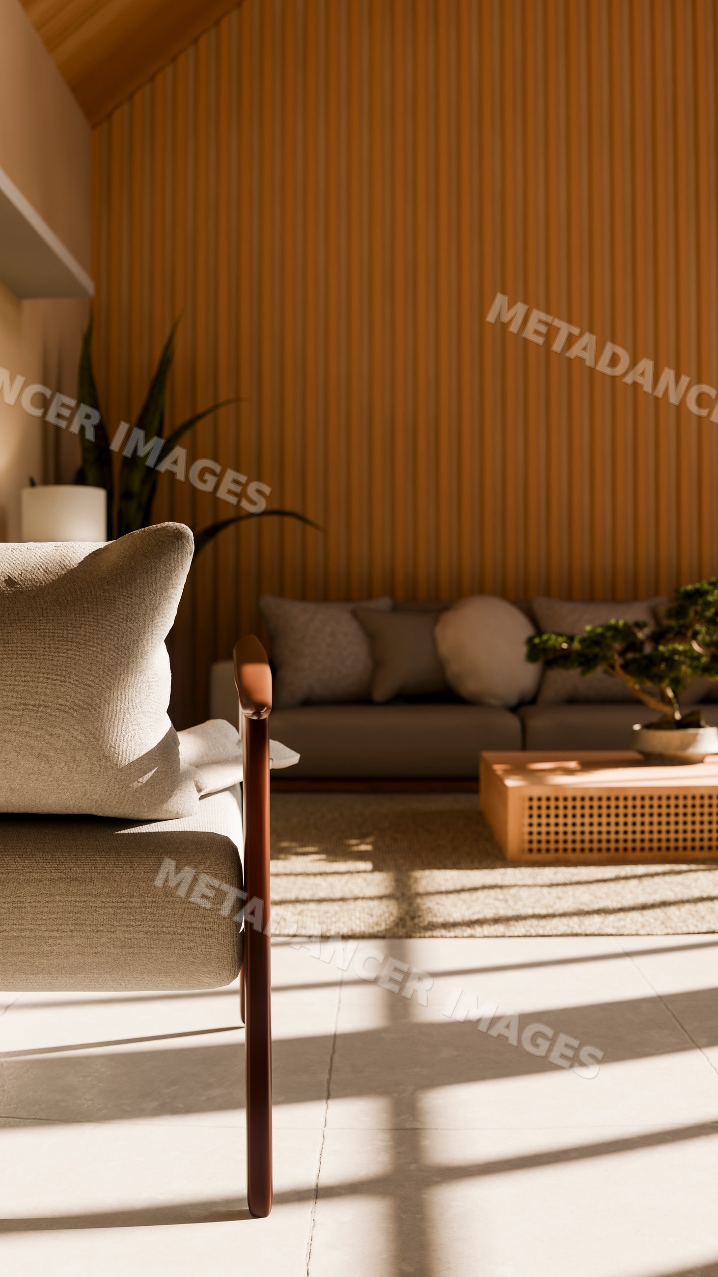 Modern living room with beige sofa and bonsai tree on coffee table