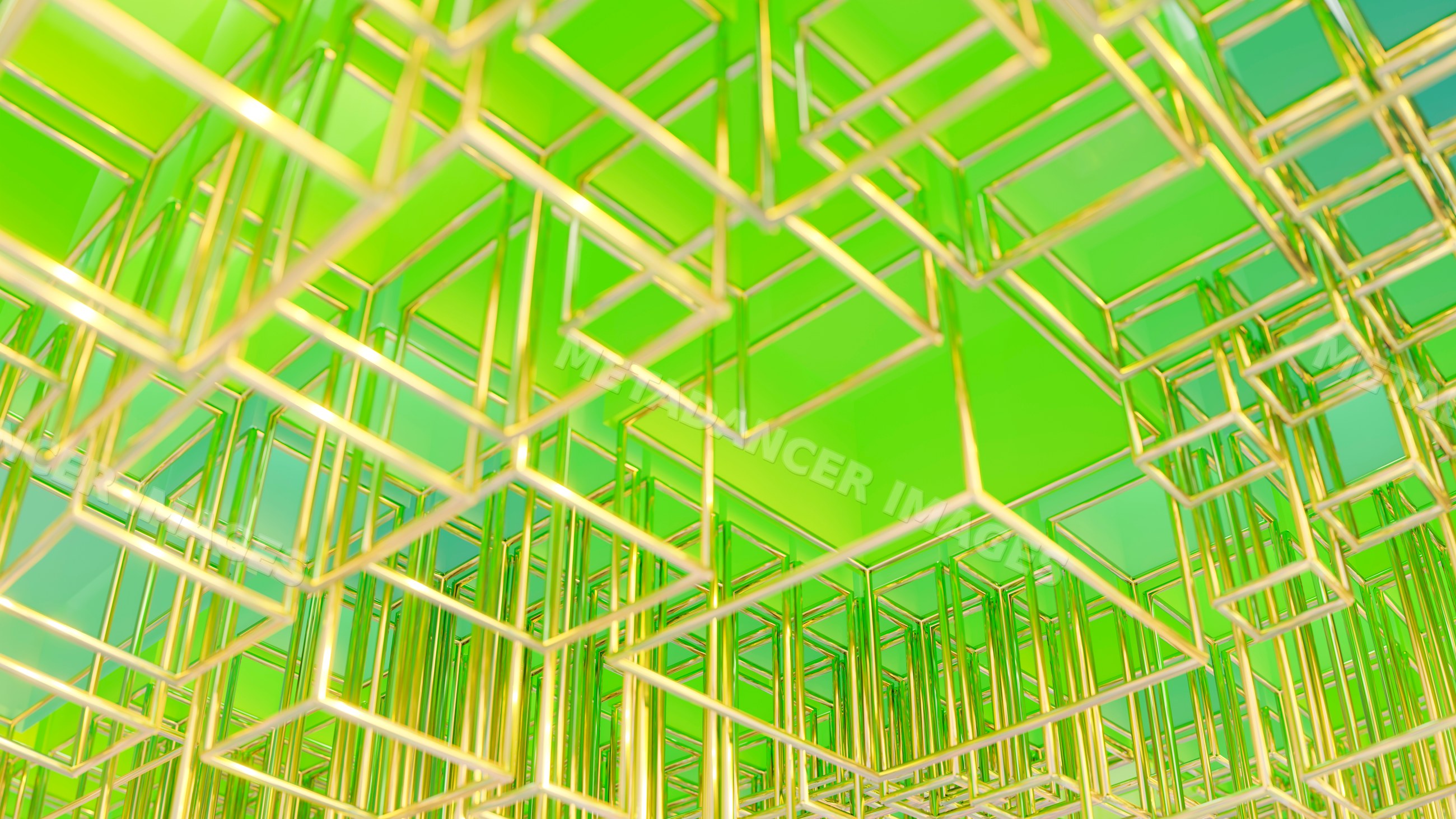 Golden wireframe cubes in abstract geometric structure on green