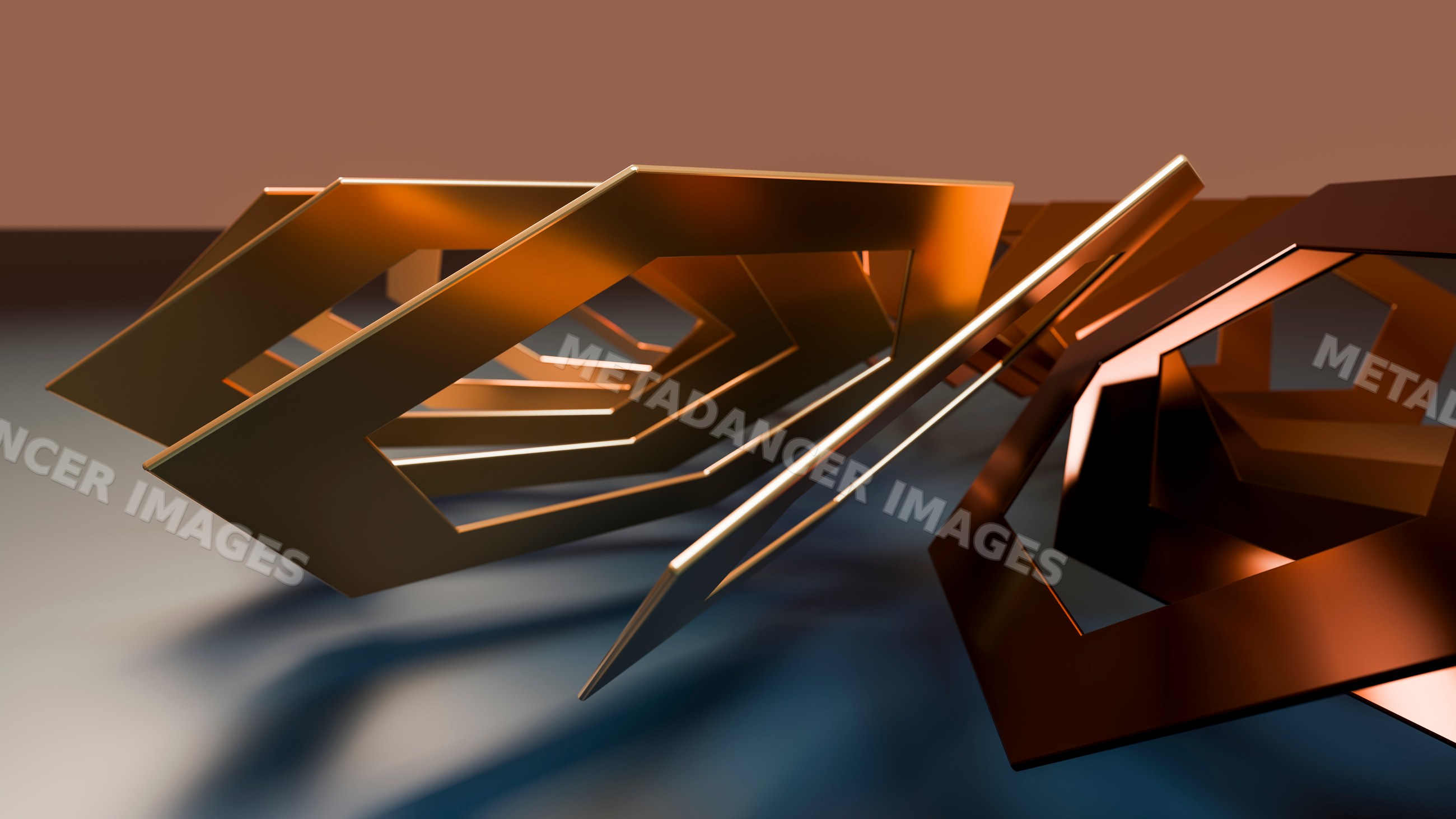 Metallic geometric pentagon shapes with orange lighting and shadows