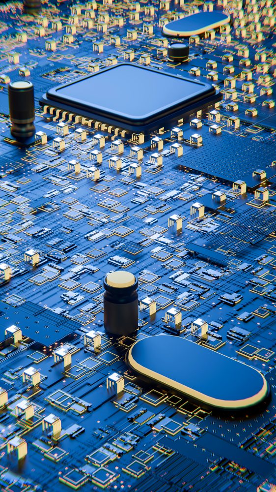 Close-up of semiconductor chip on blue printed circuit board