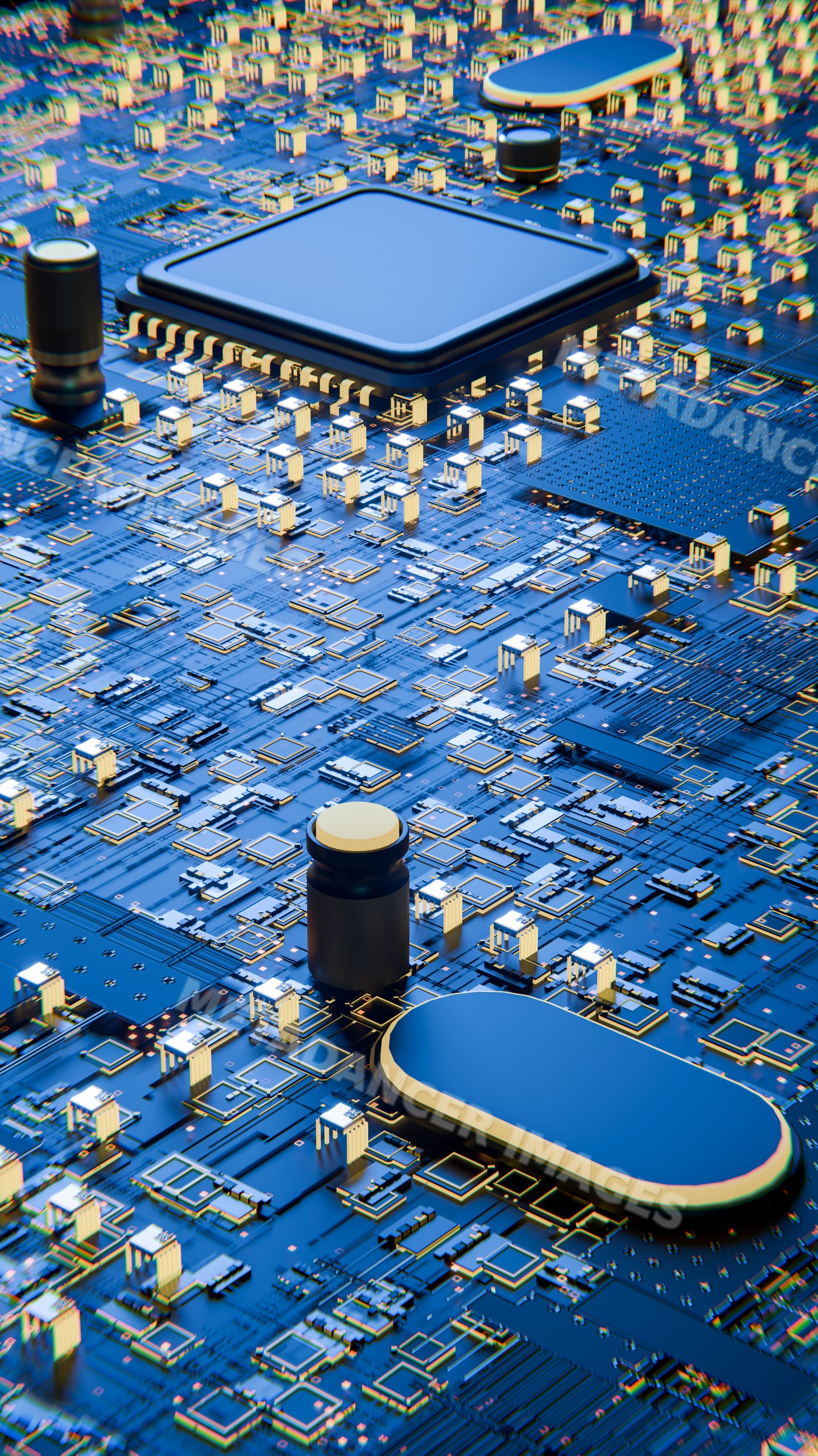 Close-up of semiconductor chip on blue printed circuit board