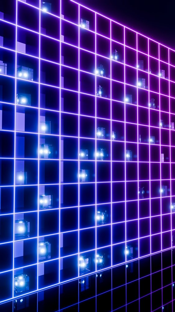 Glowing neon grid wall with illuminated blue and purple cubes