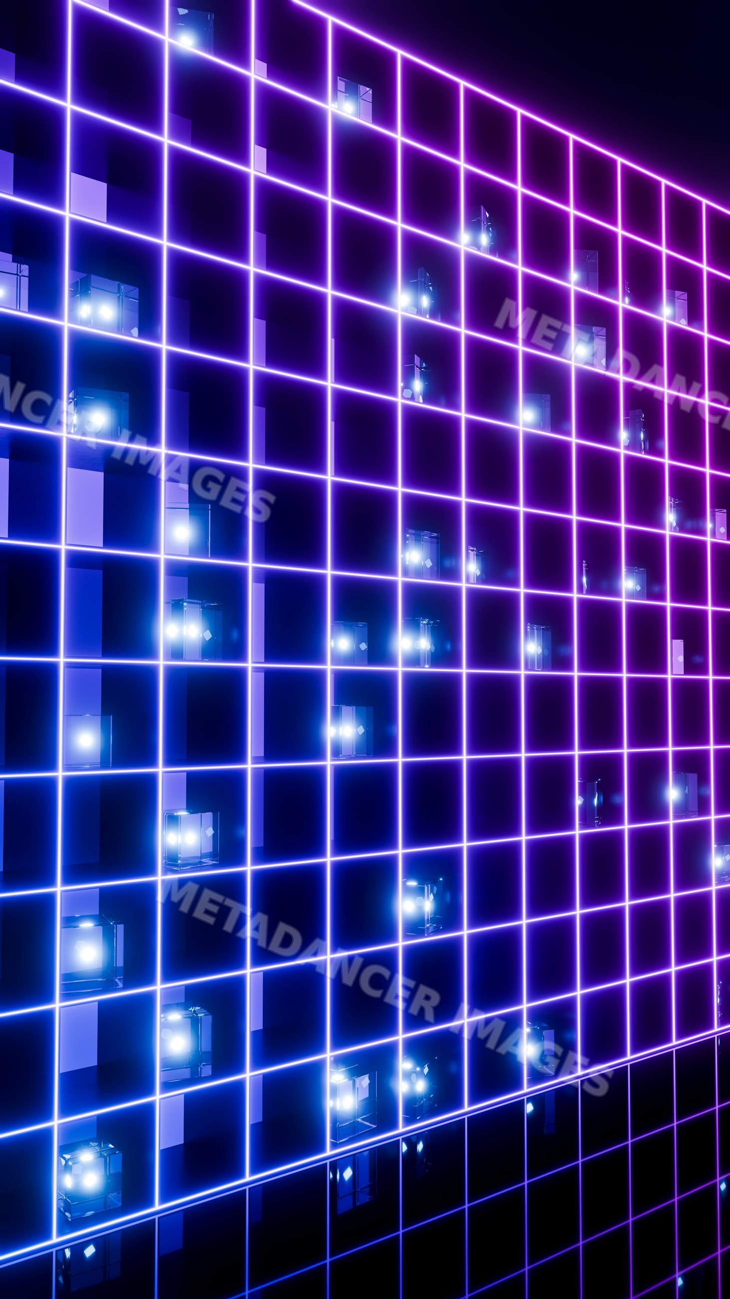 Glowing neon grid wall with illuminated blue and purple cubes