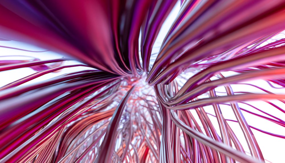 Closeup of colorful abstract metallic wires twisted in a 3d render