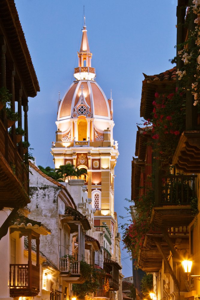Cathedral tower and historic colonial street scene, colombia