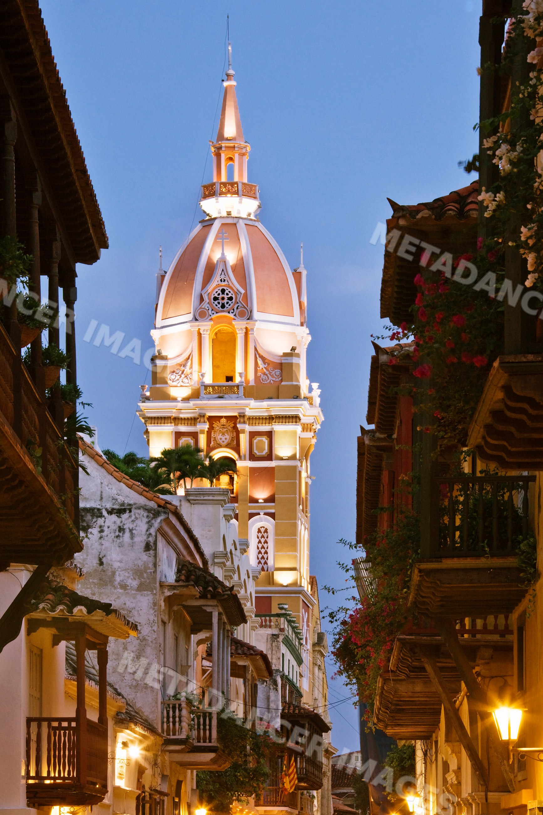 Cathedral tower and historic colonial street scene, colombia