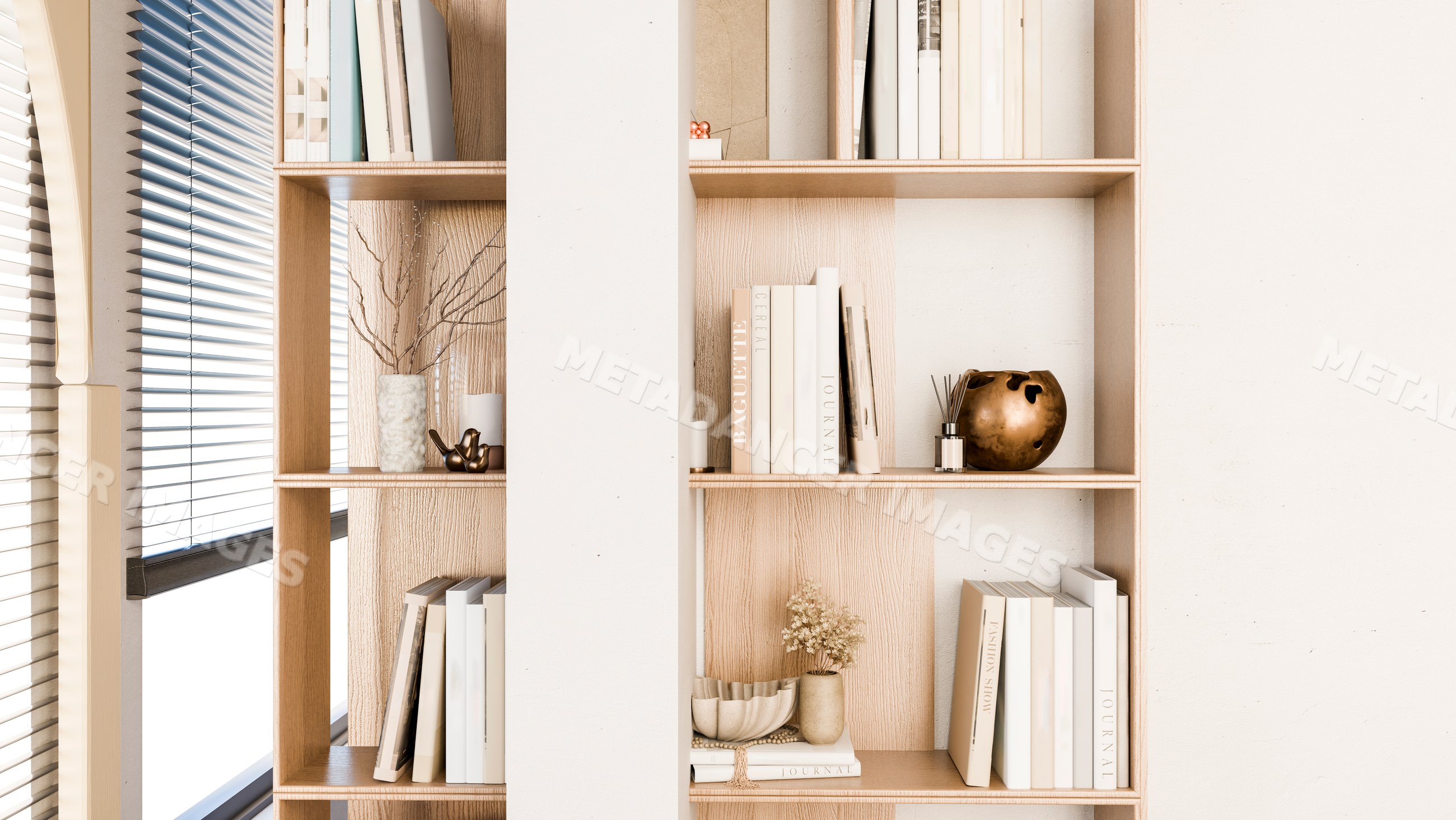 Bookshelf with books and minimalist decor by window blinds