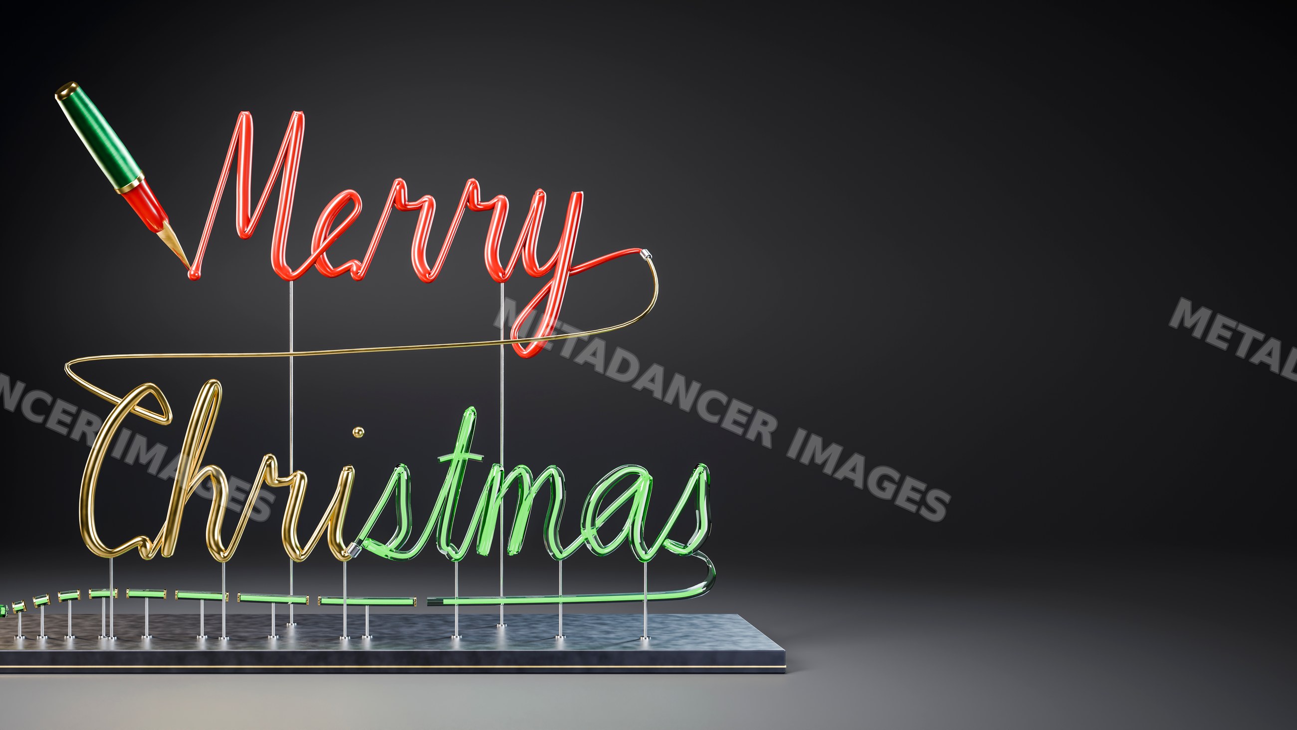 Merry christmas neon sign in red green and gold colors