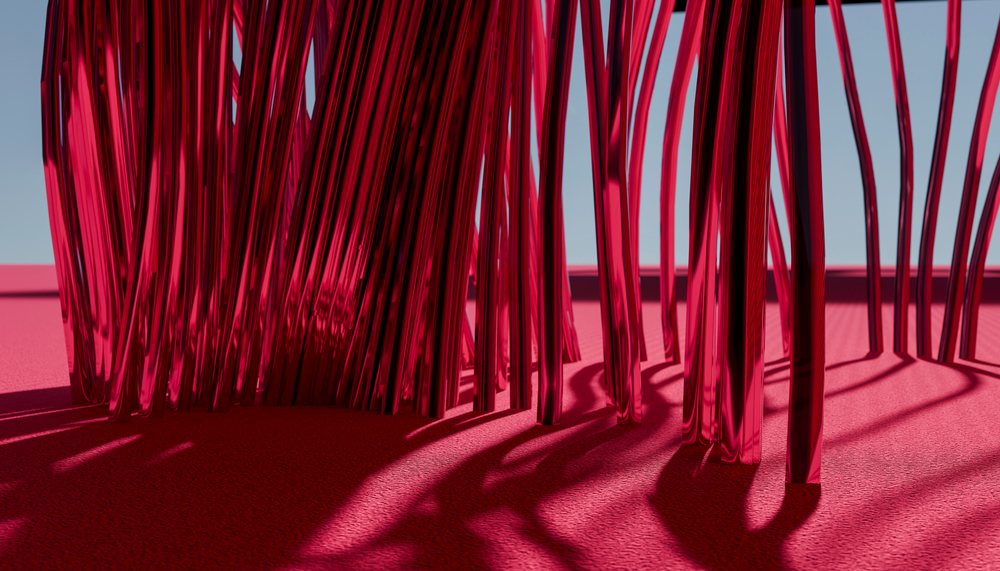 Abstract installation with red reflective strands casting shadows