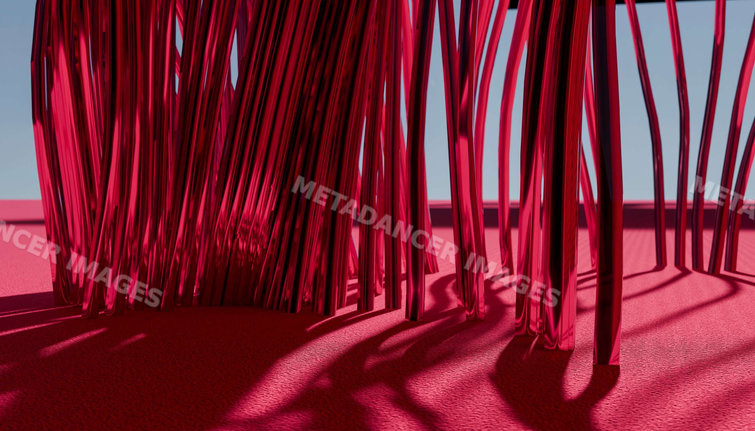 Abstract installation with red reflective strands casting shadows
