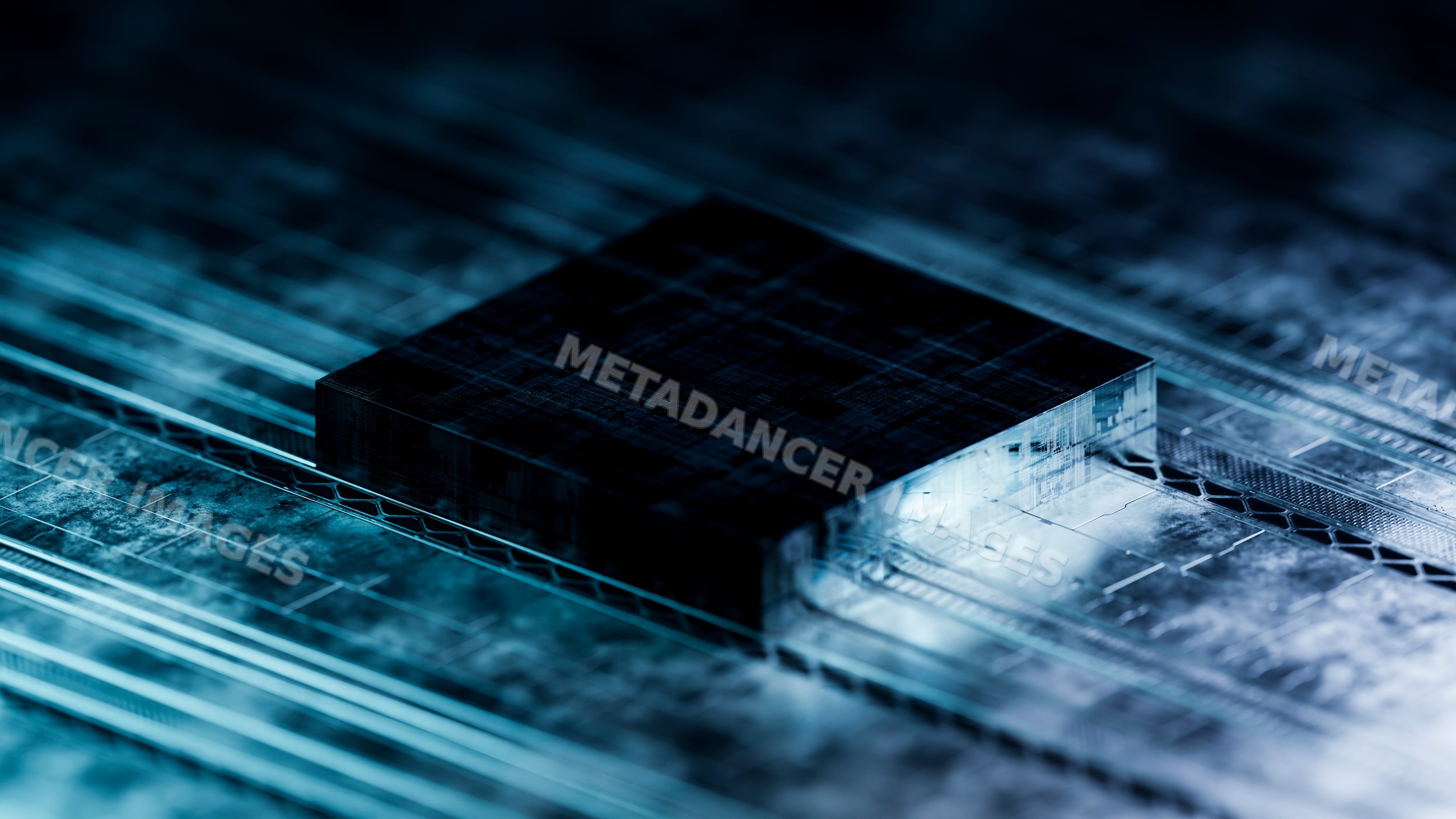 Microchip on circuit board illuminated by blue light technology