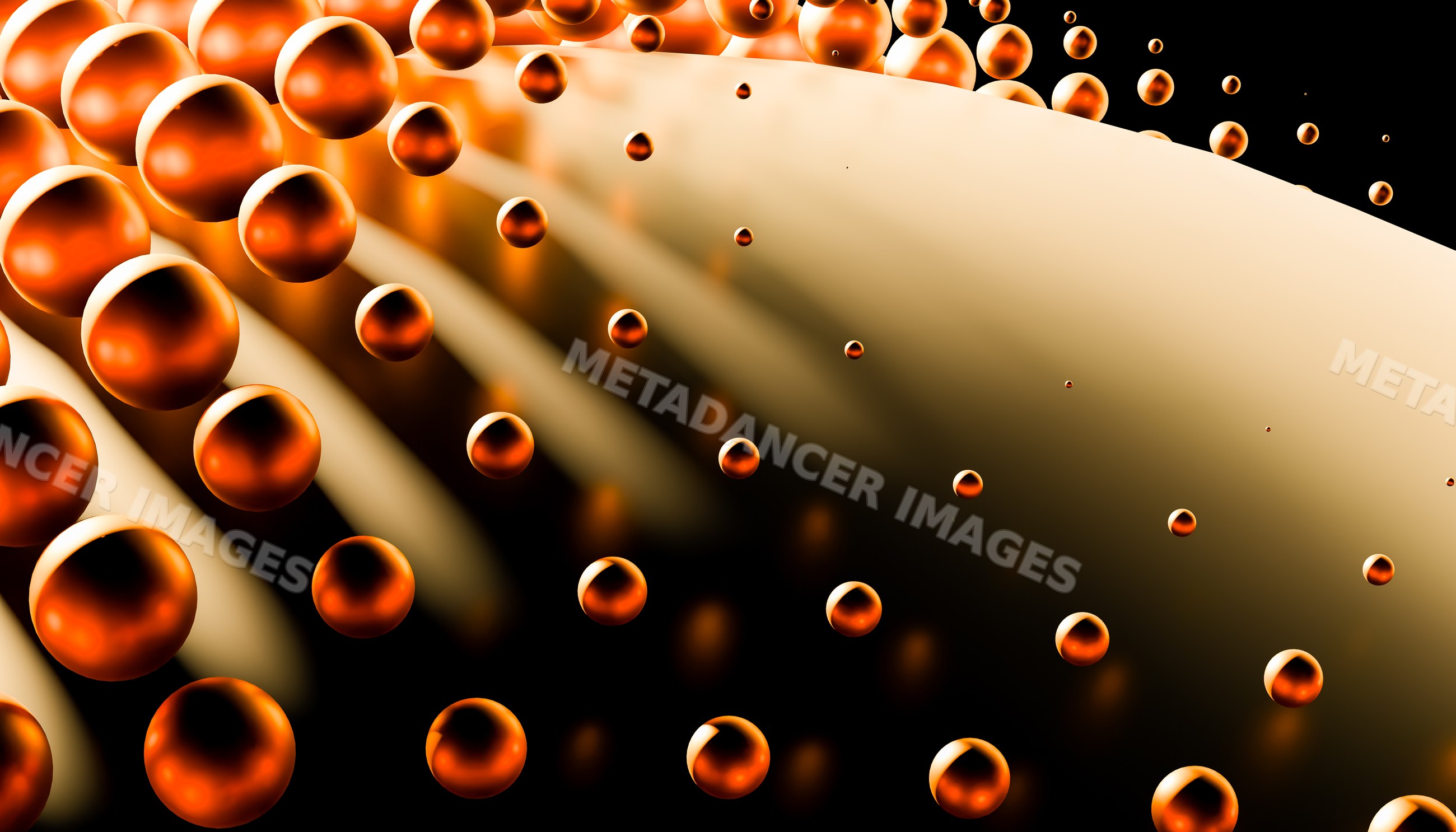 Abstract 3d rendering of floating orange spheres with glowing effect