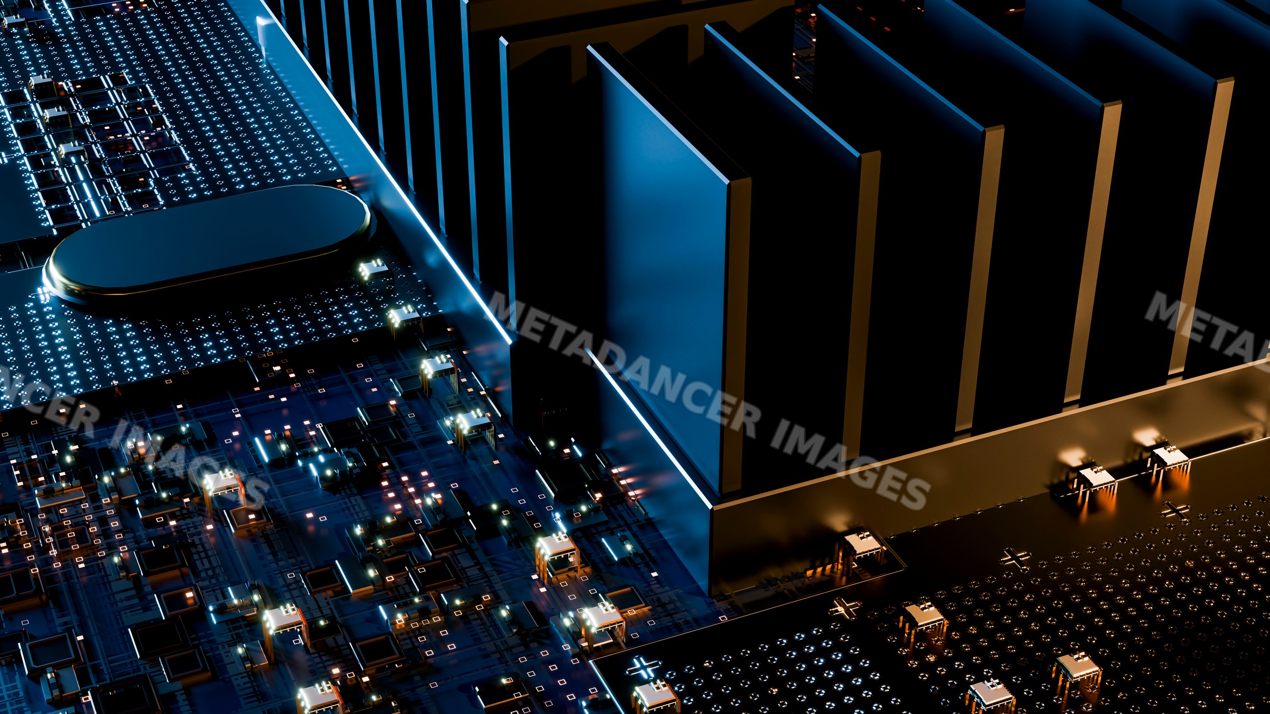 Computer chip with heat sink and illuminated electronic circuitry